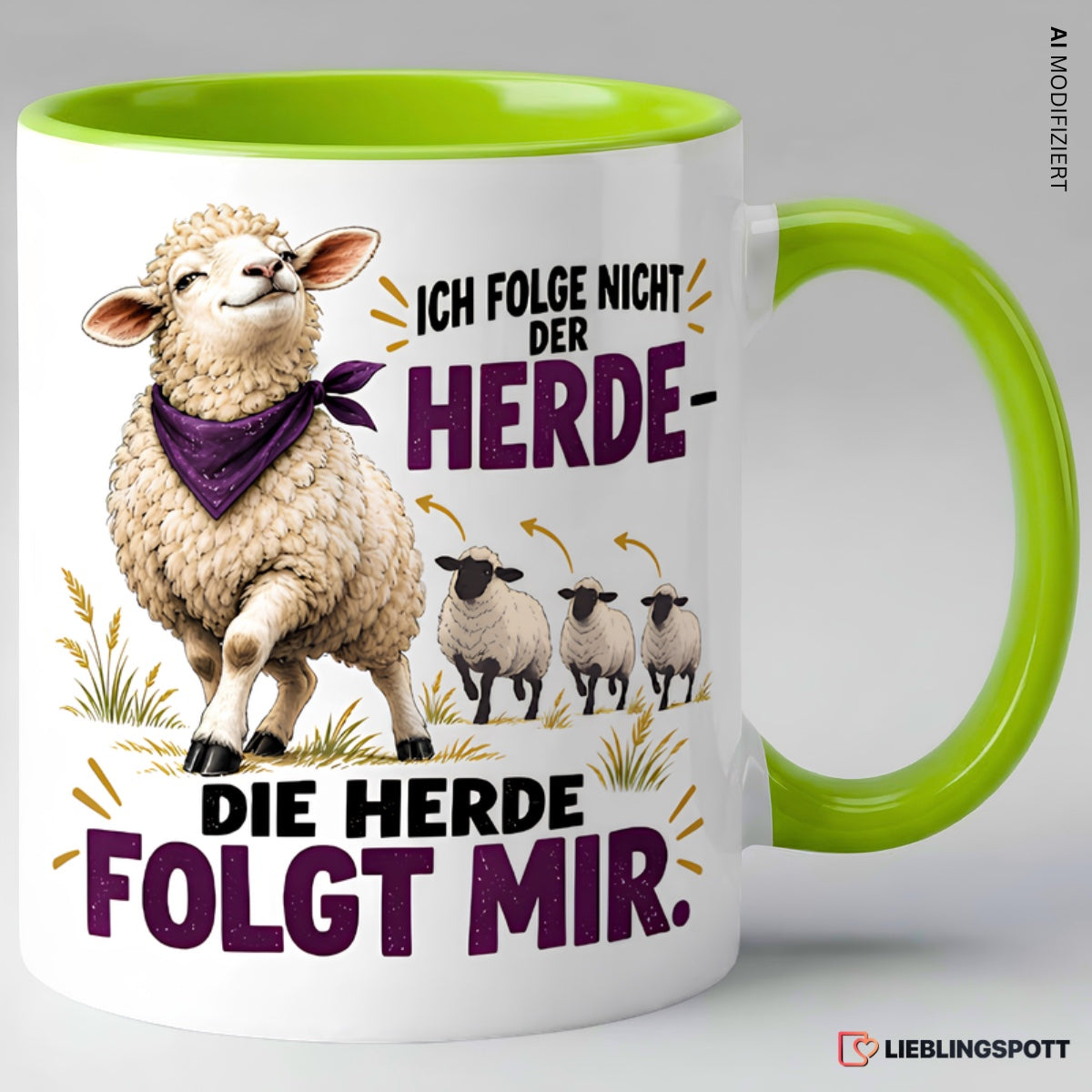 Grüne Keramiktasse mit Schaf Motiv und Spruch Ich folge nicht der Herde die Herde folgt mir
