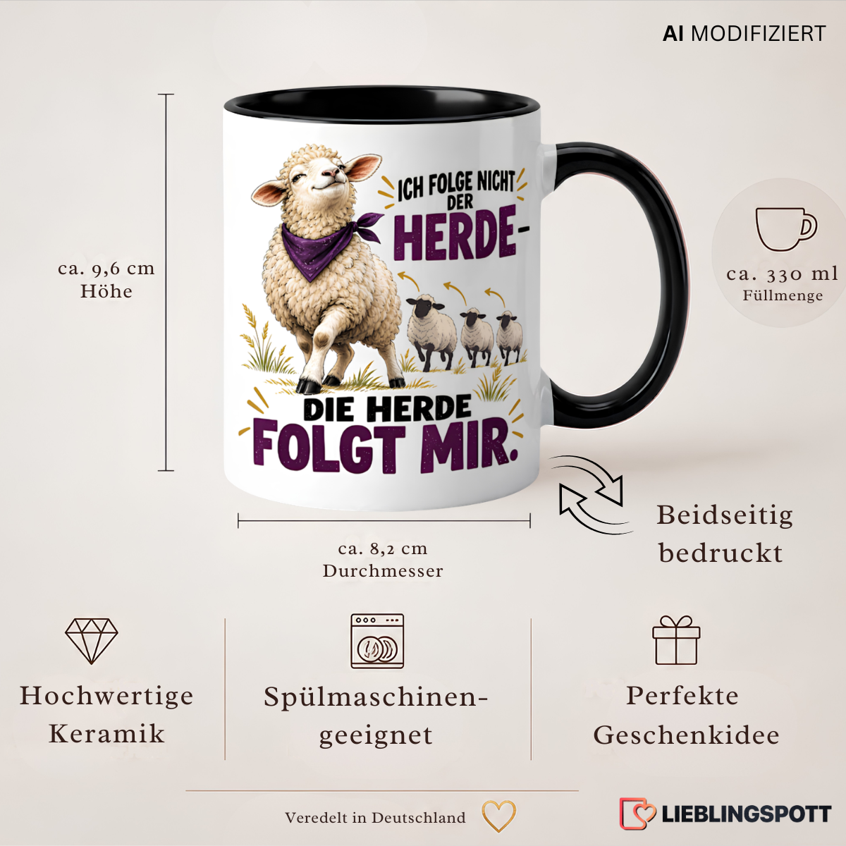 Produktinformation Schaf Keramiktasse 330 ml beidseitig bedruckt spülmaschinengeeignet