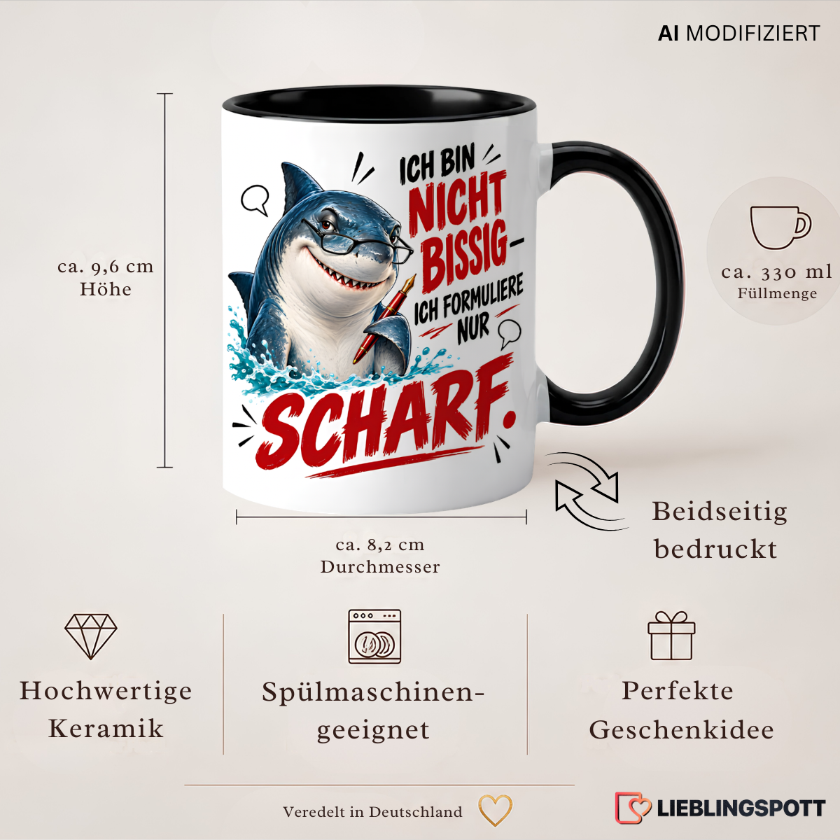 Produktinformation Hai Keramiktasse 330 ml beidseitig bedruckt spülmaschinengeeignet