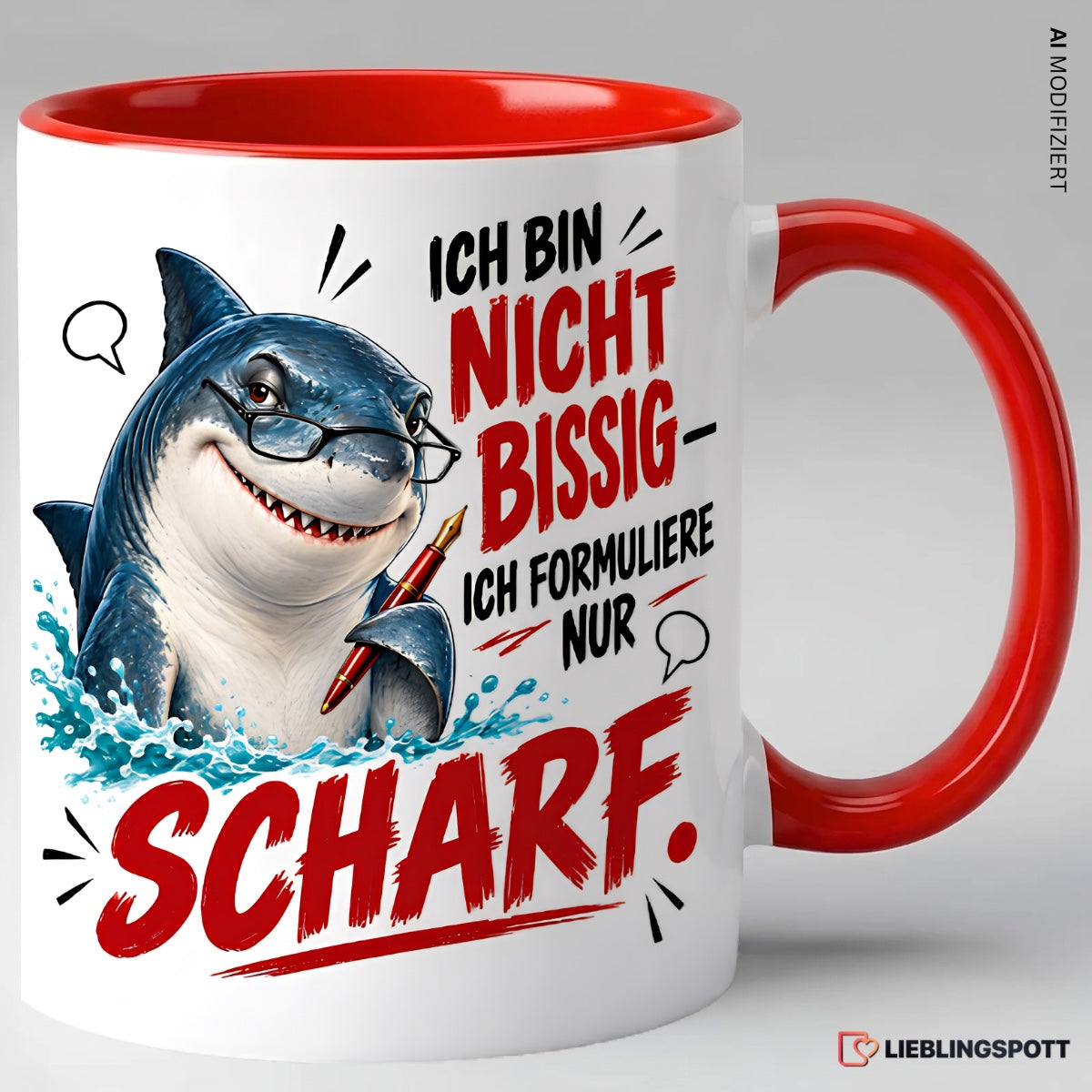 Rote Keramiktasse mit Hai Motiv und Spruch Ich bin nicht bissig ich formuliere nur scharf