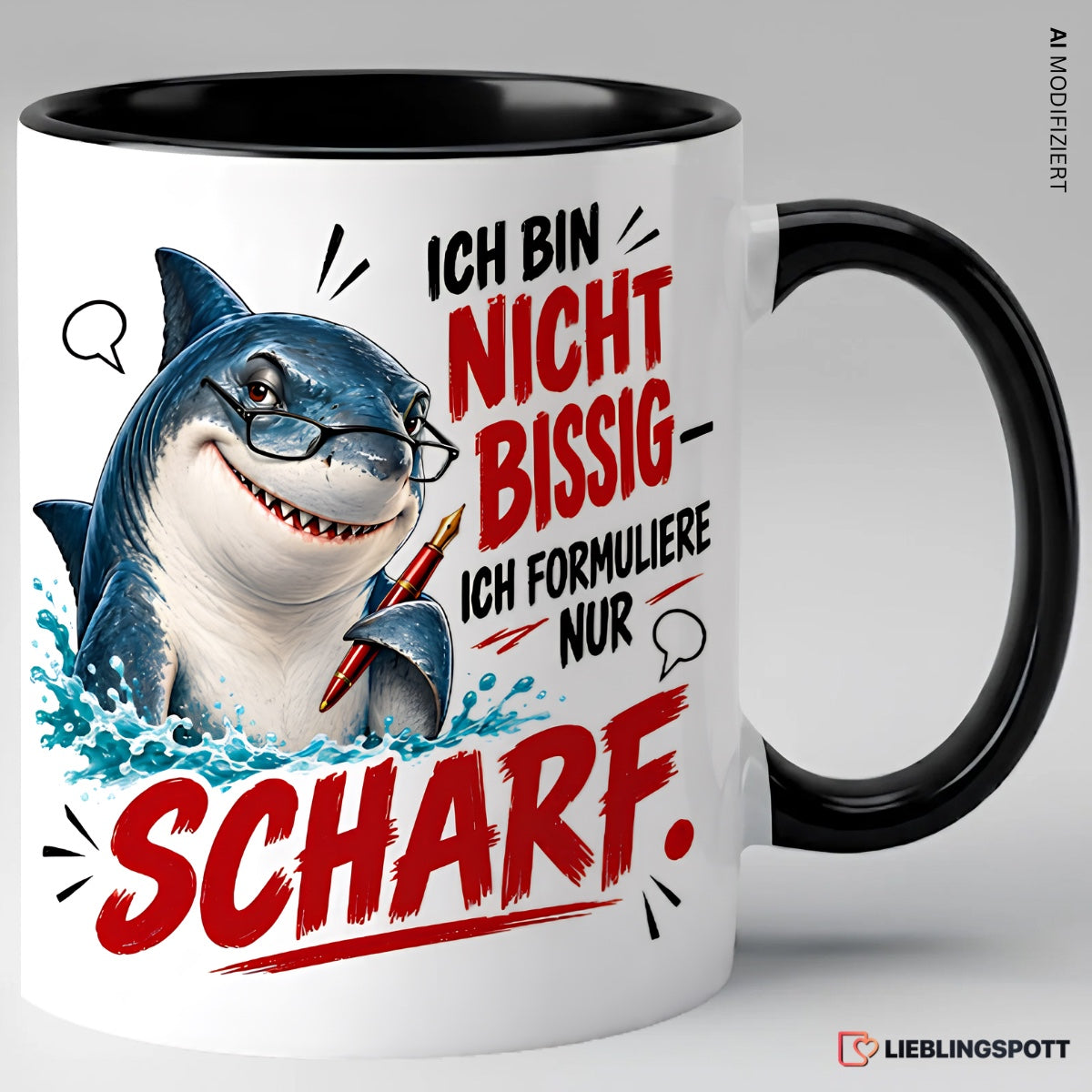 Schwarze Keramiktasse mit Hai Motiv und Spruch Ich bin nicht bissig ich formuliere nur scharf