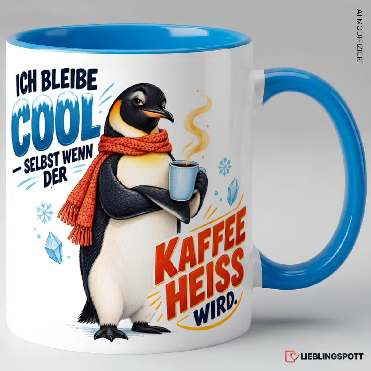 Pinguin Tasse mit Spruch, blaue Variante