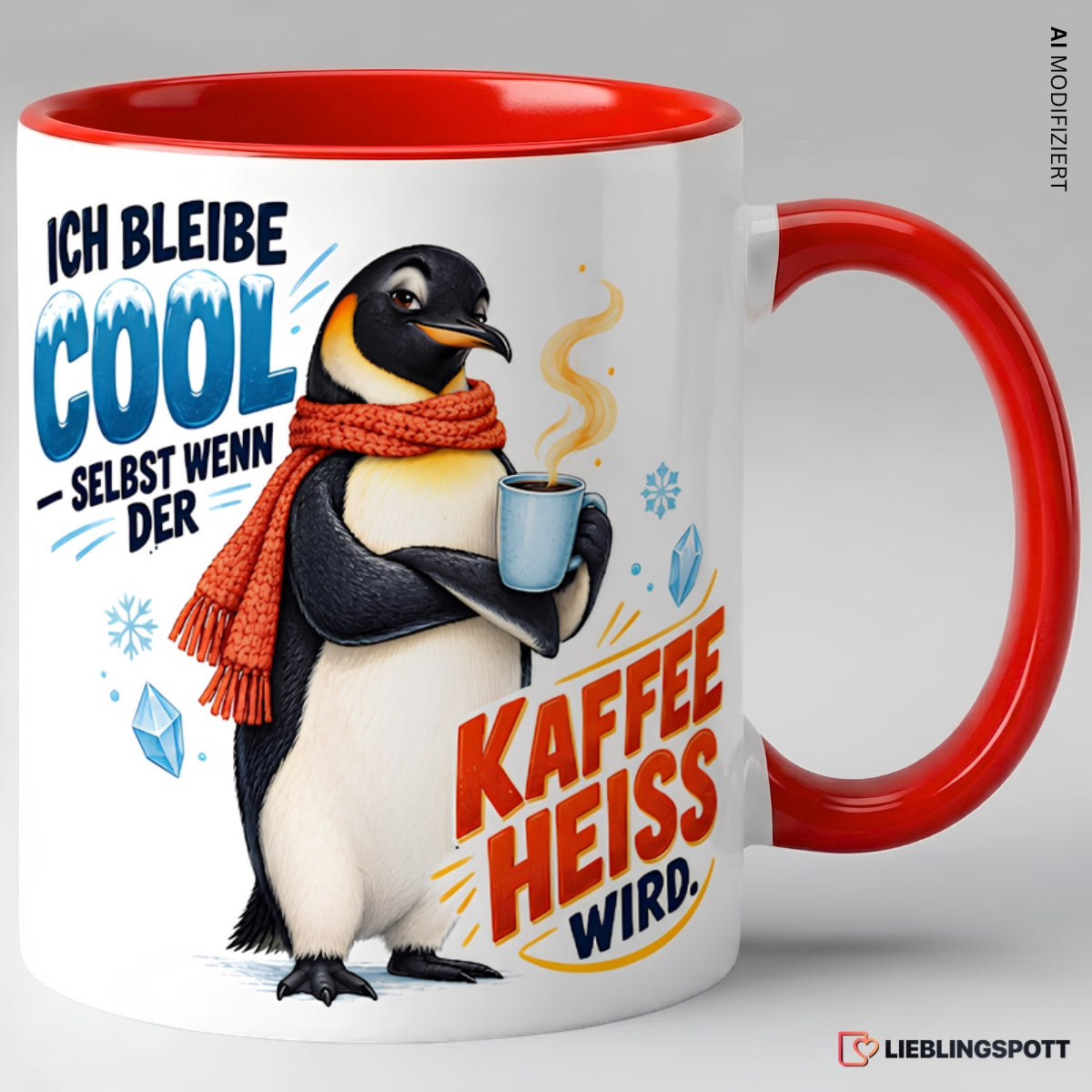 Pinguin Tasse mit Spruch, rote Variante