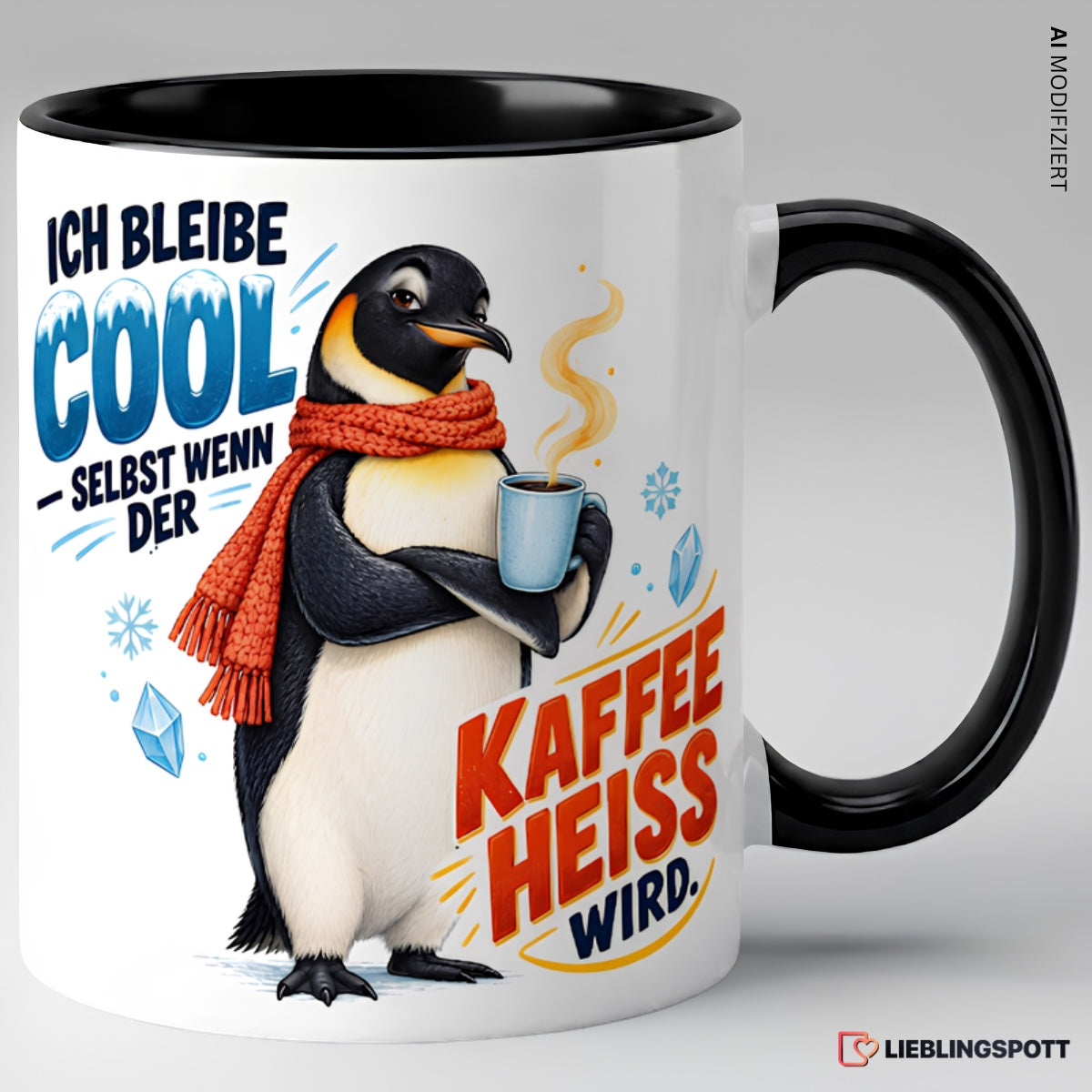 Pinguin Tasse mit Spruch, schwarze Variante
