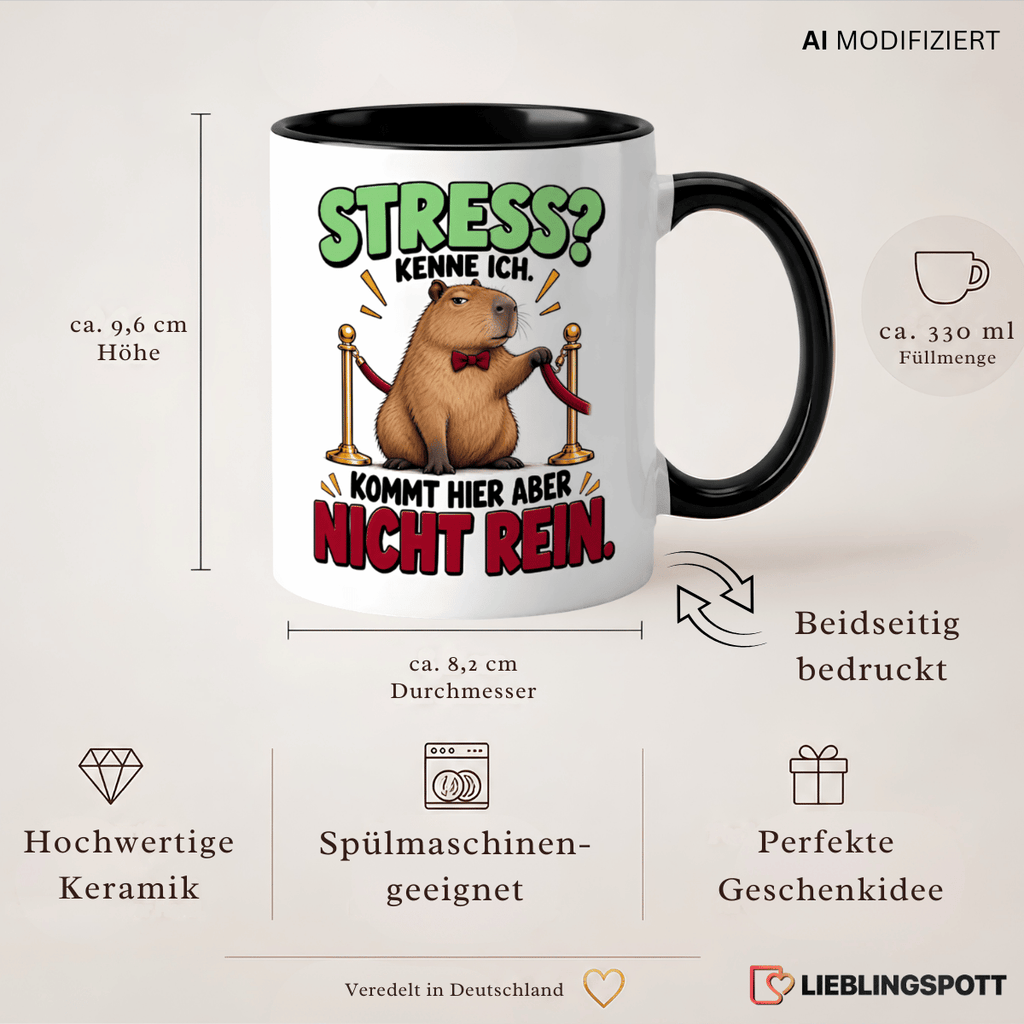 Keramiktasse Capybara Spruch - Maße 9,6 cm Höhe, 8,2 cm Durchmesser, 330 ml, beidseitig bedruckt
