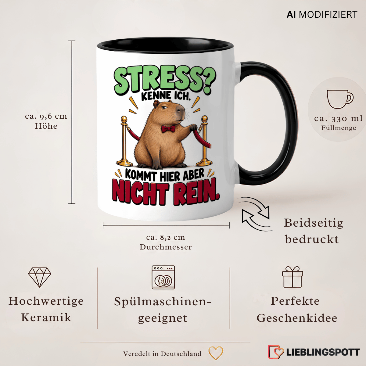 Keramiktasse Capybara Spruch - Maße 9,6 cm Höhe, 8,2 cm Durchmesser, 330 ml, beidseitig bedruckt