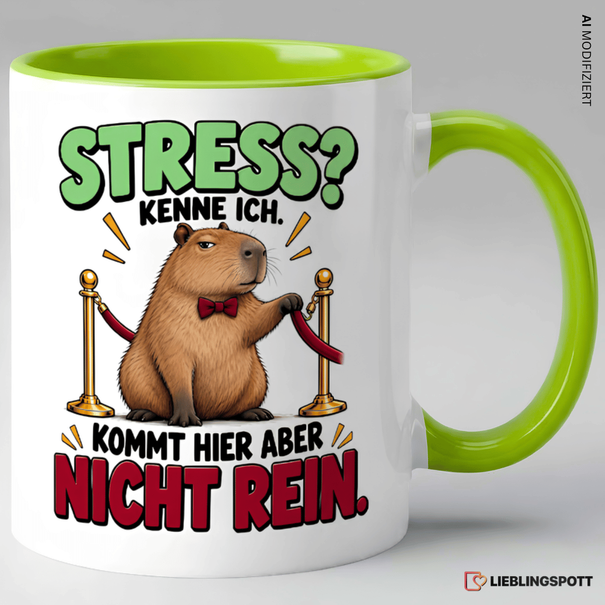 Keramiktasse mit Capybara Spruch Stress kenne ich kommt hier aber nicht rein - Grün