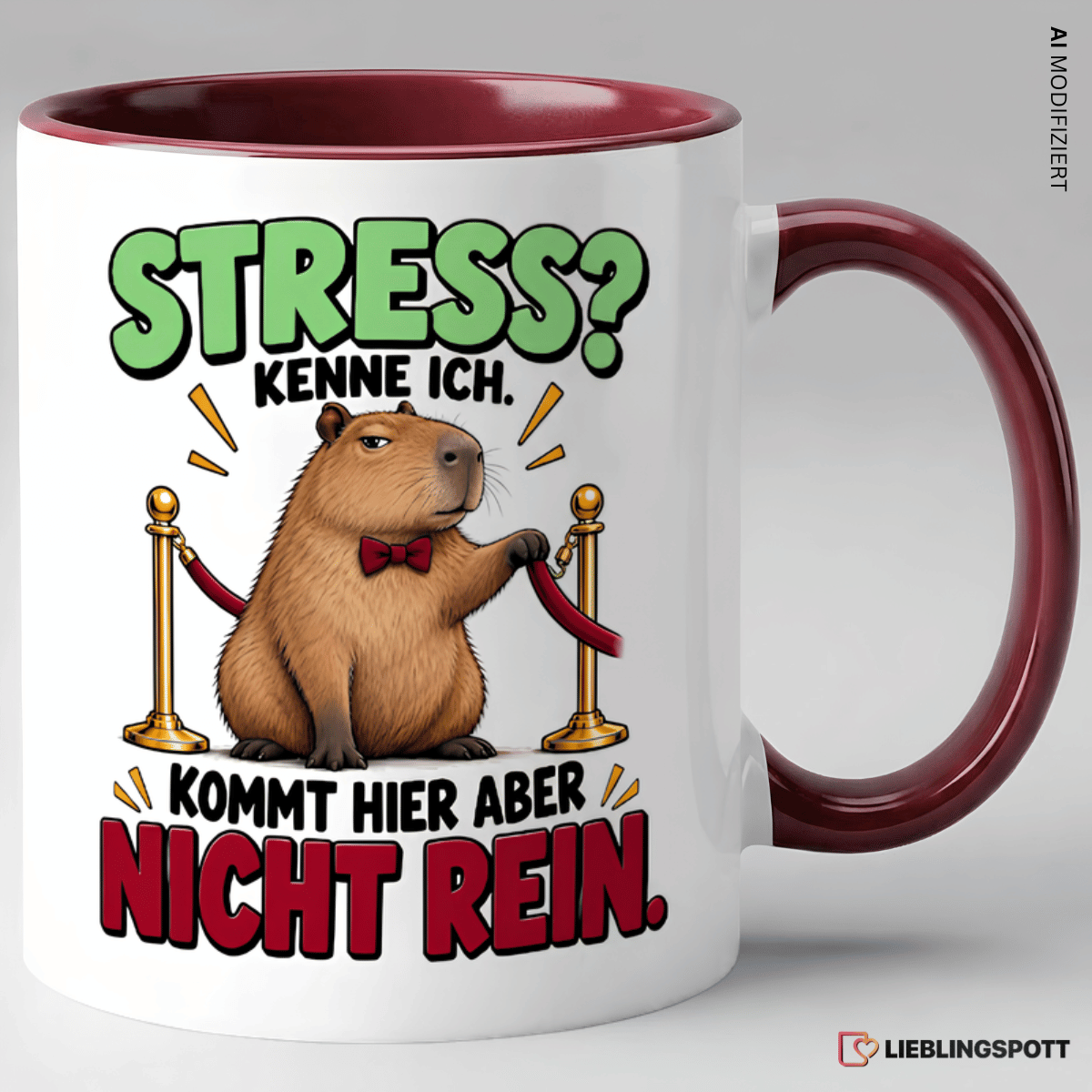 Keramiktasse mit Capybara Spruch Stress kenne ich kommt hier aber nicht rein - Maroon
