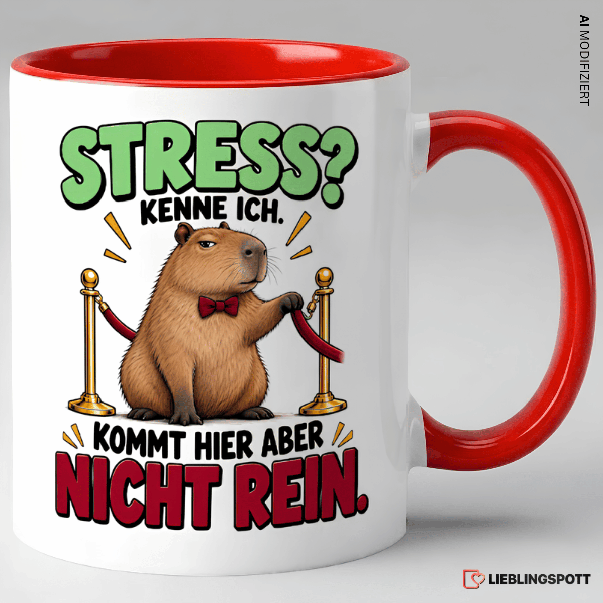 Keramiktasse mit Capybara Spruch Stress kenne ich kommt hier aber nicht rein - Rot