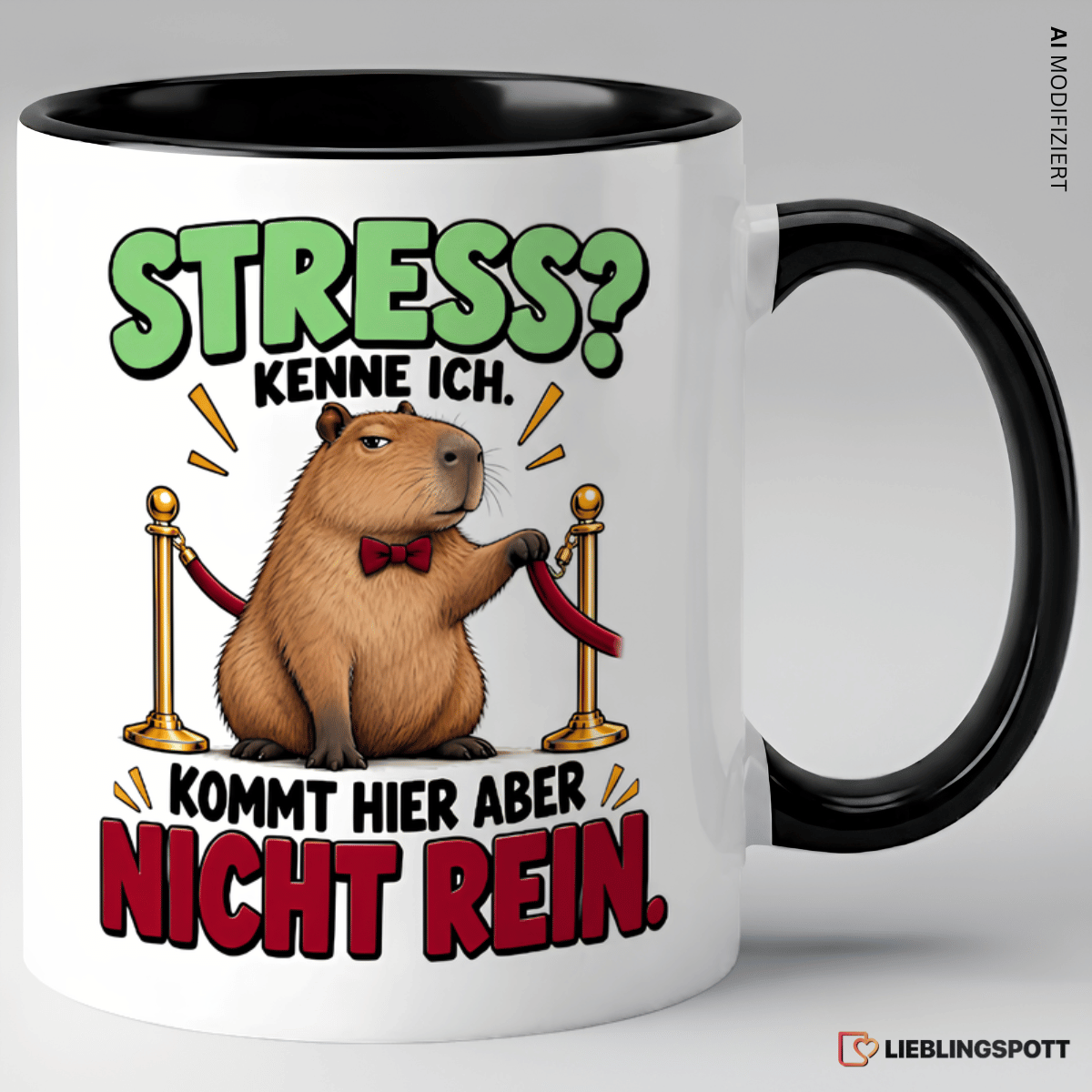 Keramiktasse mit Capybara Spruch Stress kenne ich kommt hier aber nicht rein - Schwarz