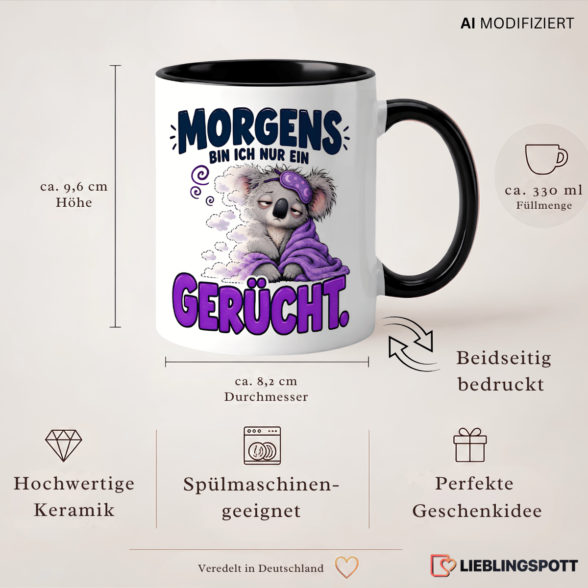 Koala Spruchtasse Morgens bin ich nur ein Gerücht – Produktdetails Keramik 330 ml