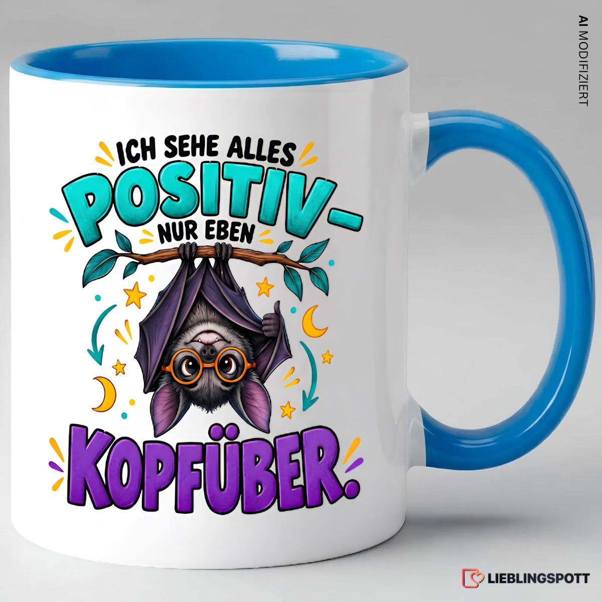 Fledermaus Spruchtasse Ich sehe alles positiv nur eben kopfüber – Blau