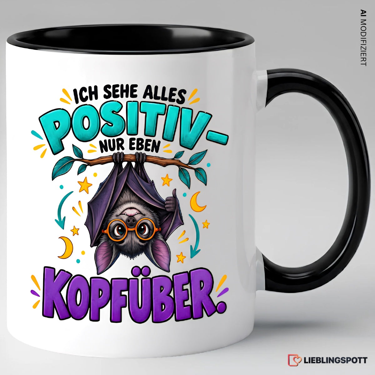 Fledermaus Spruchtasse Ich sehe alles positiv nur eben kopfüber – Schwarz