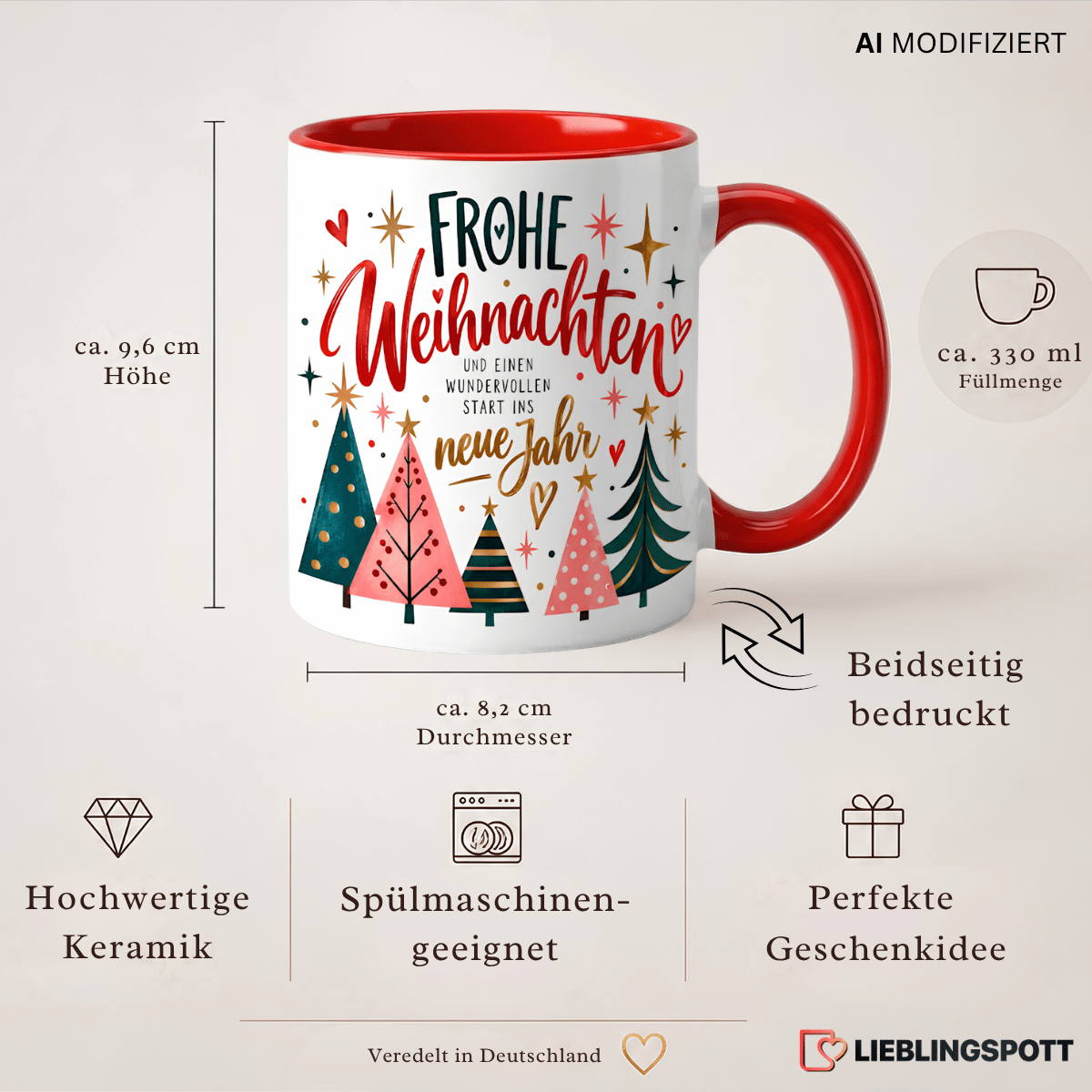 Produktdetails Weihnachtstasse Frohe Weihnachten – 330 ml, beidseitig bedruckt