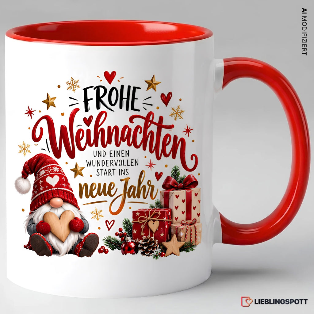 Weihnachtstasse Frohe Weihnachten Rot mit Wichtelmotiv