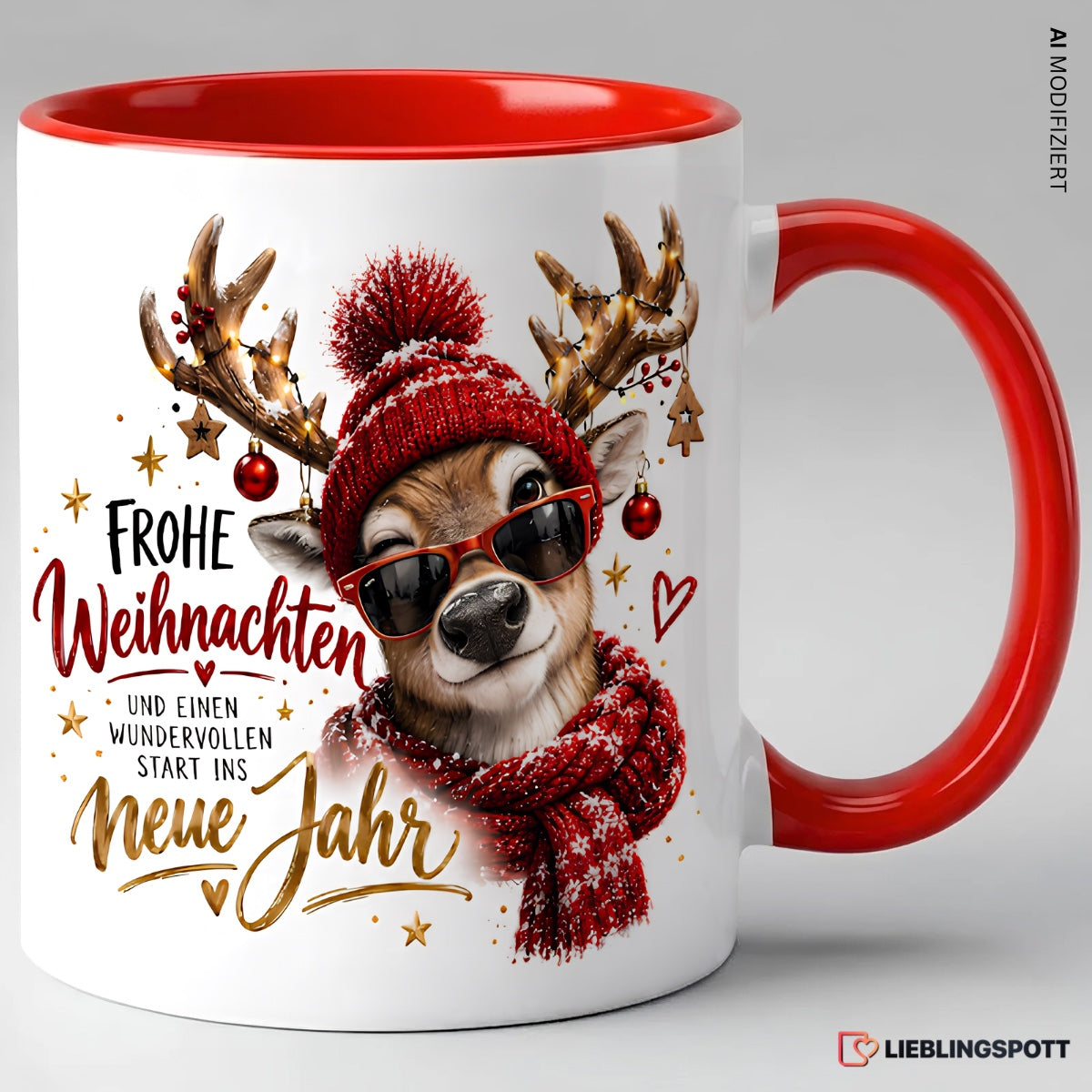 Weihnachtstasse mit Rentier und Spruch Frohe Weihnachten – Rot