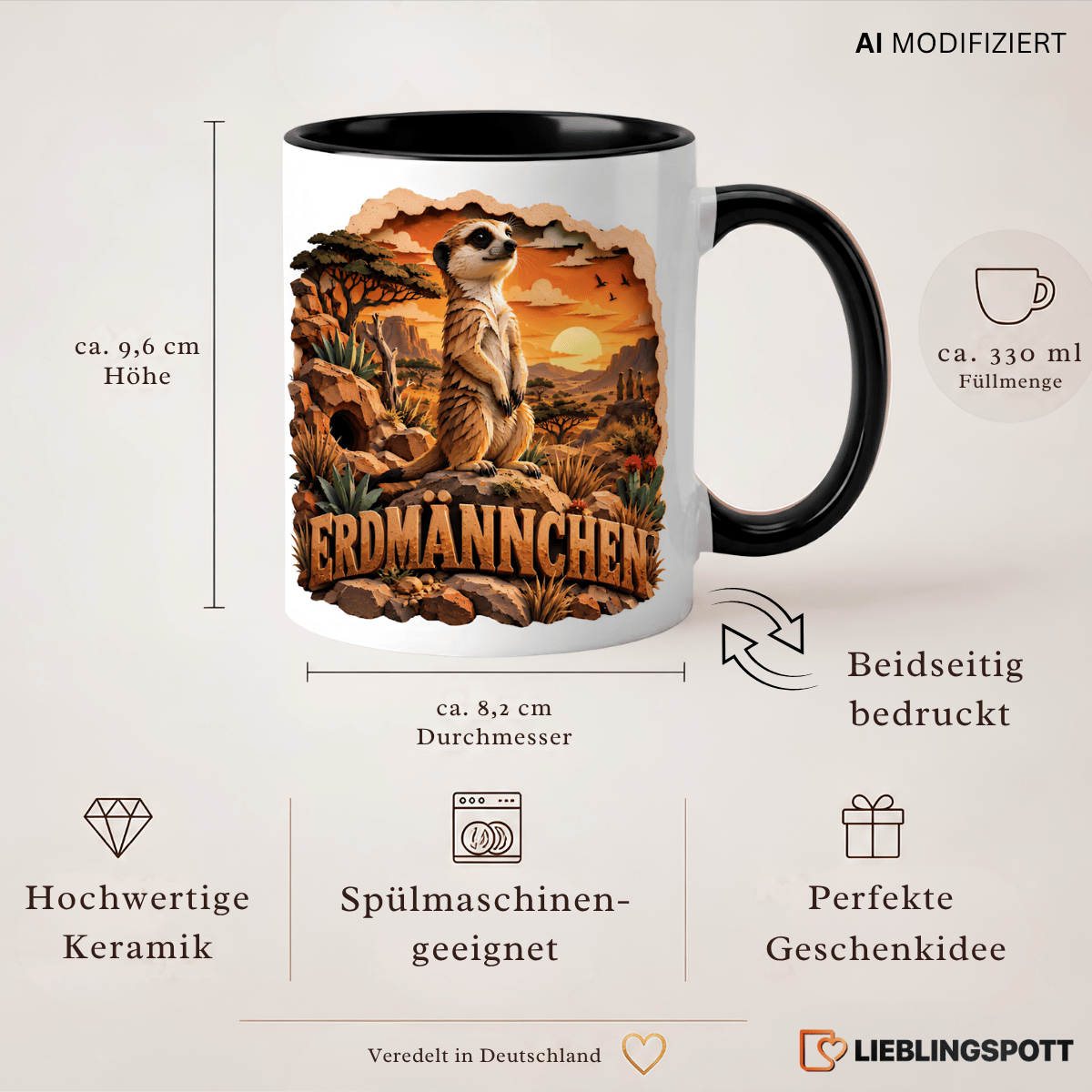 Erdmännchen Tasse Produktinformationen 330 ml Maße und Eigenschaften