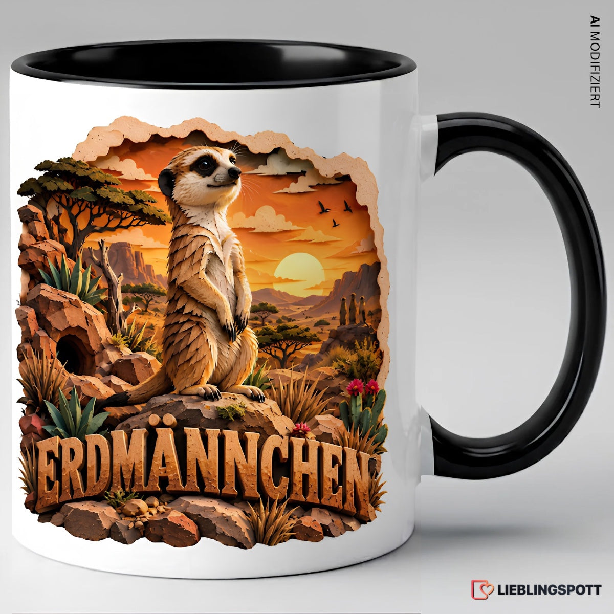 Erdmännchen Tasse Schwarz mit Tiermotiv