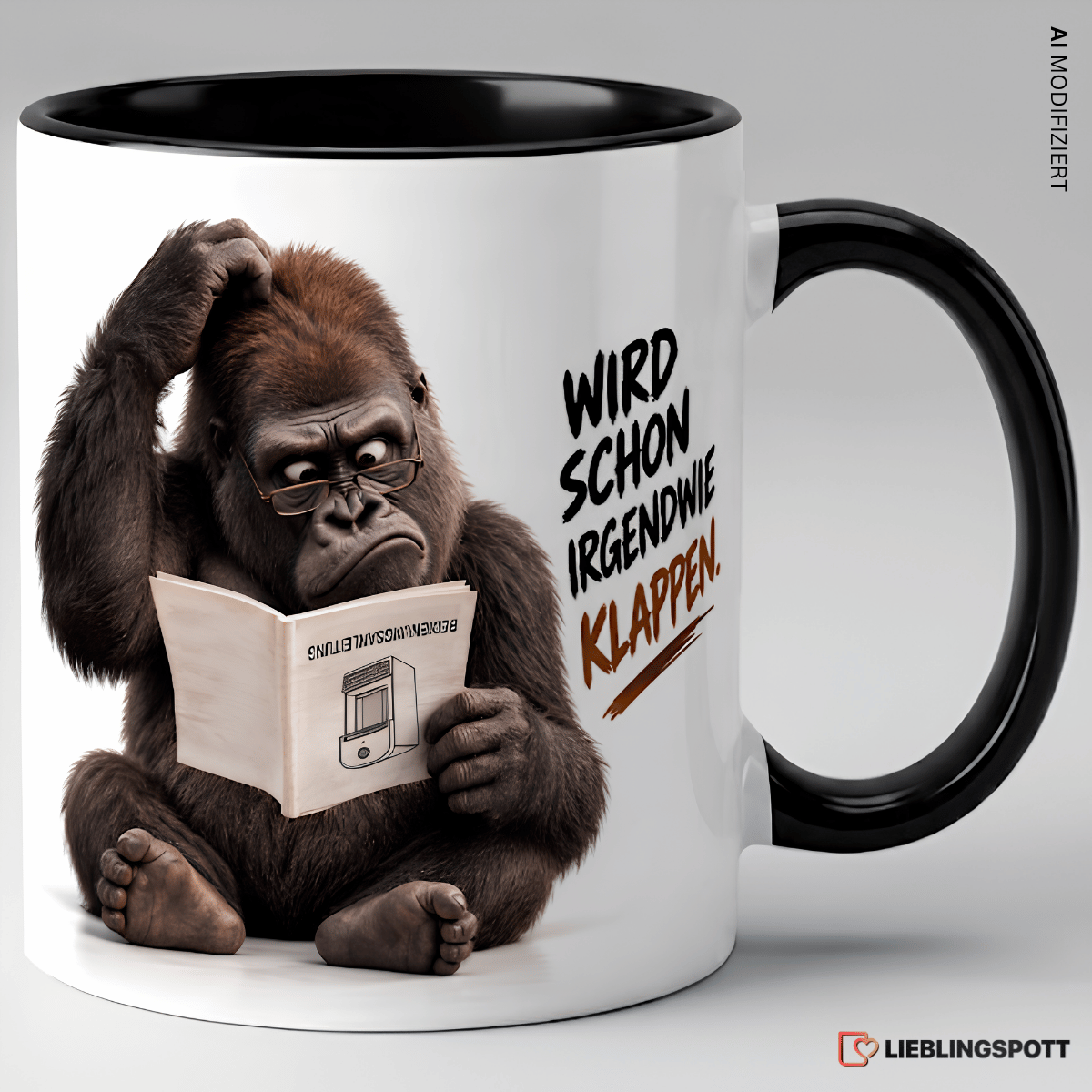 Affen Tasse Schwarz mit Spruch Wird schon irgendwie klappen