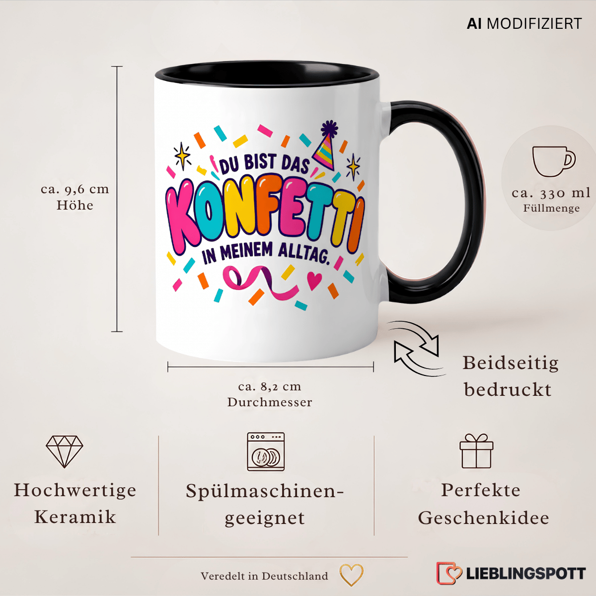 Konfetti Tasse Maße und USPs