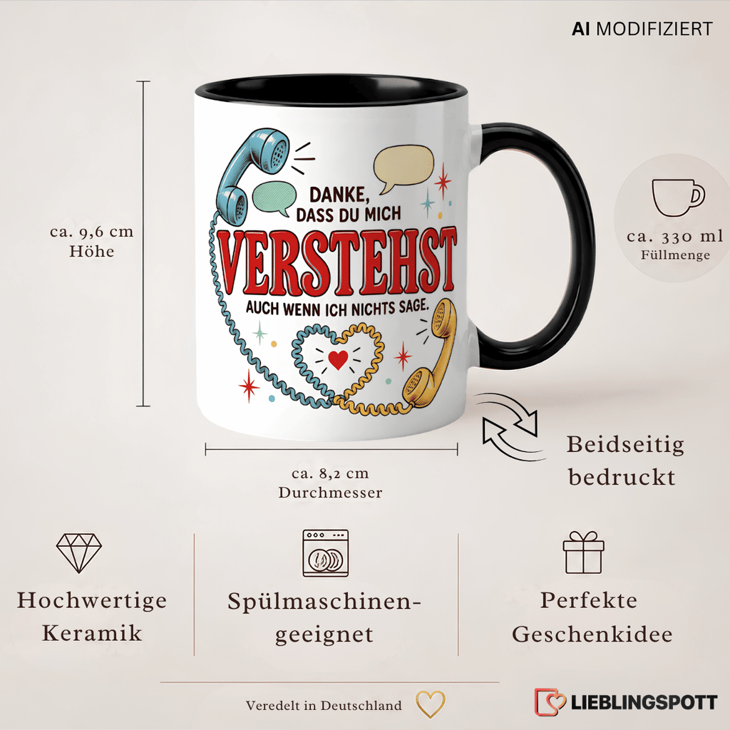 Produktinformationen zur Tasse – 330 ml, 9,6 cm Höhe, 8,2 cm Durchmesser, beidseitig bedruckt