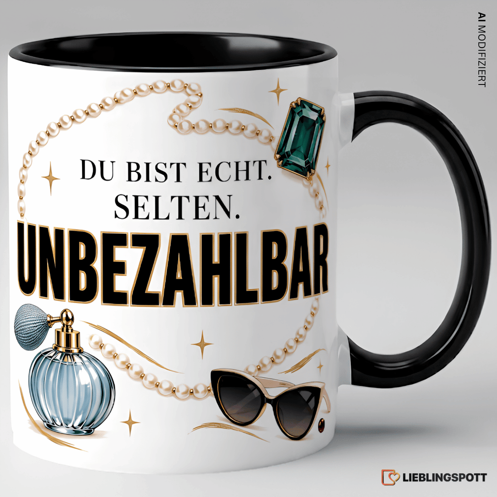 Tasse „Du bist echt selten. Unbezahlbar“ – Schwarz