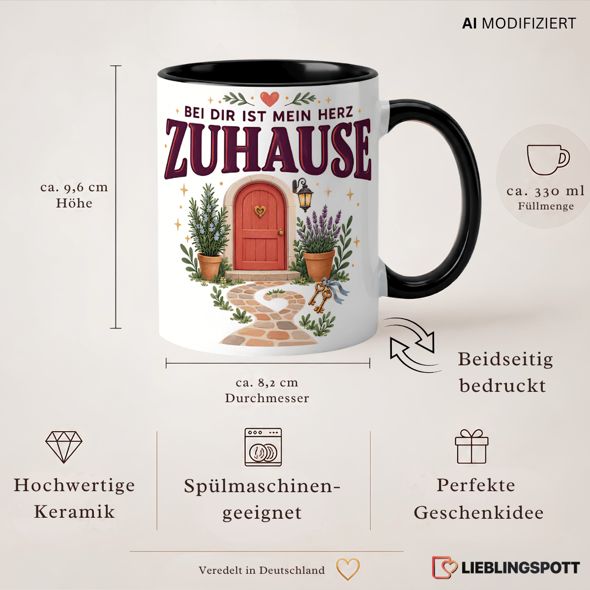 Produktinformationen Keramiktasse 330 ml, Maße, beidseitig bedruckt