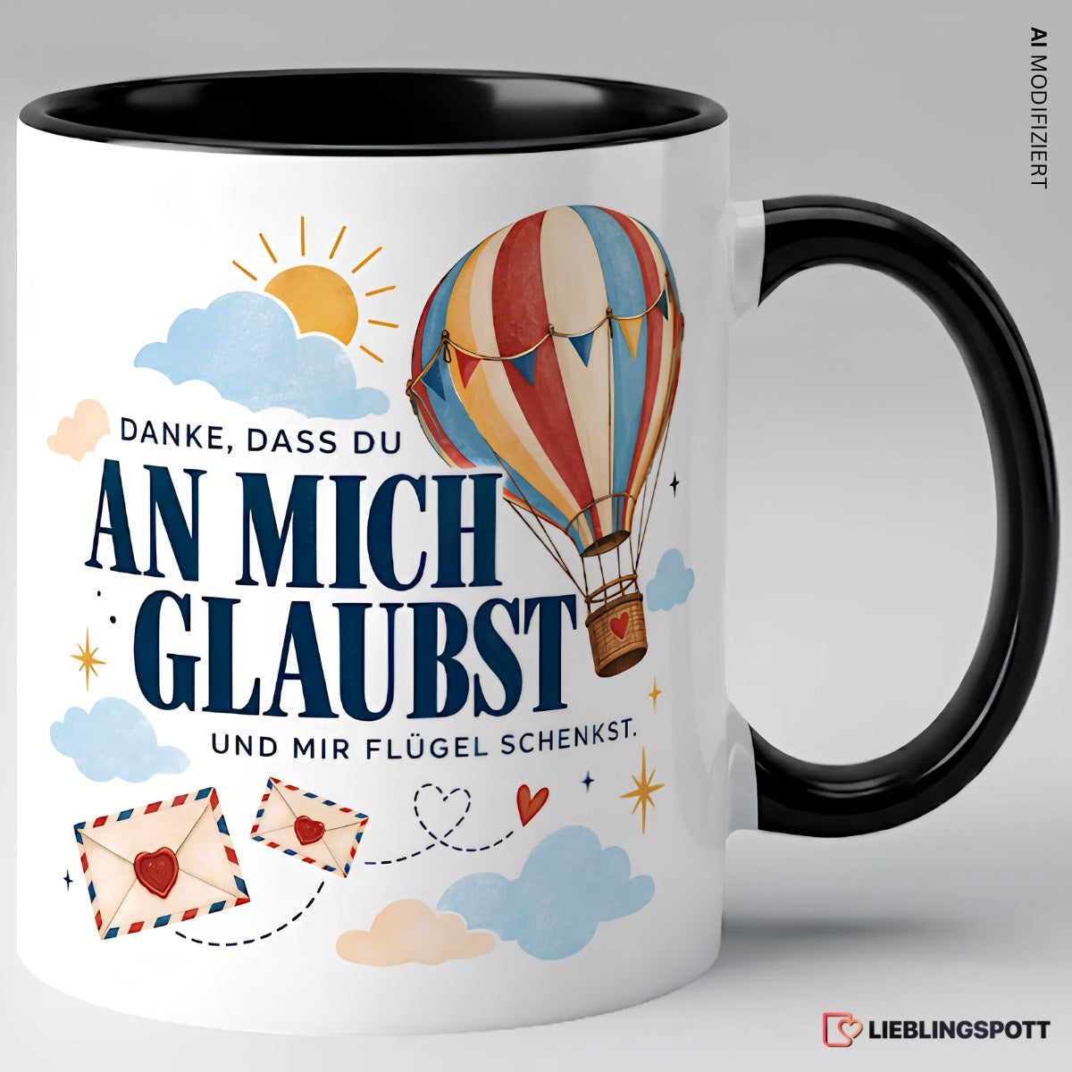 Geschenk-Tasse Danke dass du an mich glaubst – Schwarz