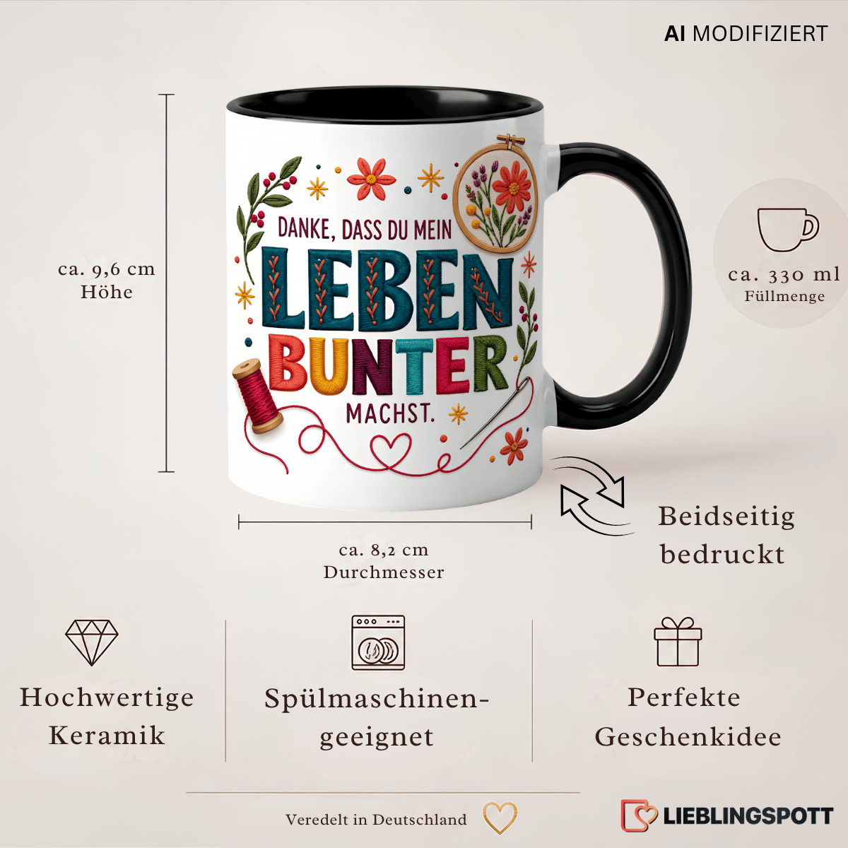 Produktinformationen zur Dankeschön Tasse – 330 ml, Maße, beidseitig bedruckt
