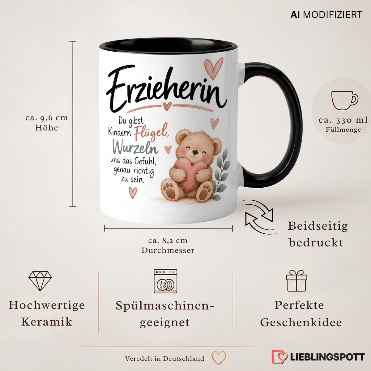 Erzieherin Tasse Produktdetails – 330 ml, Keramik, beidseitig bedruckt
