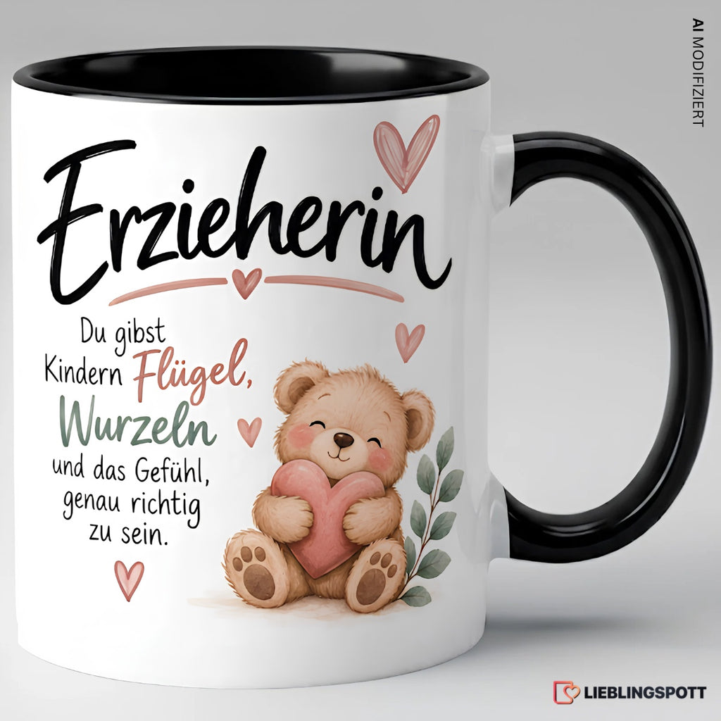 Erzieherin Tasse Schwarz – Du gibst Kindern Flügel und Wurzeln