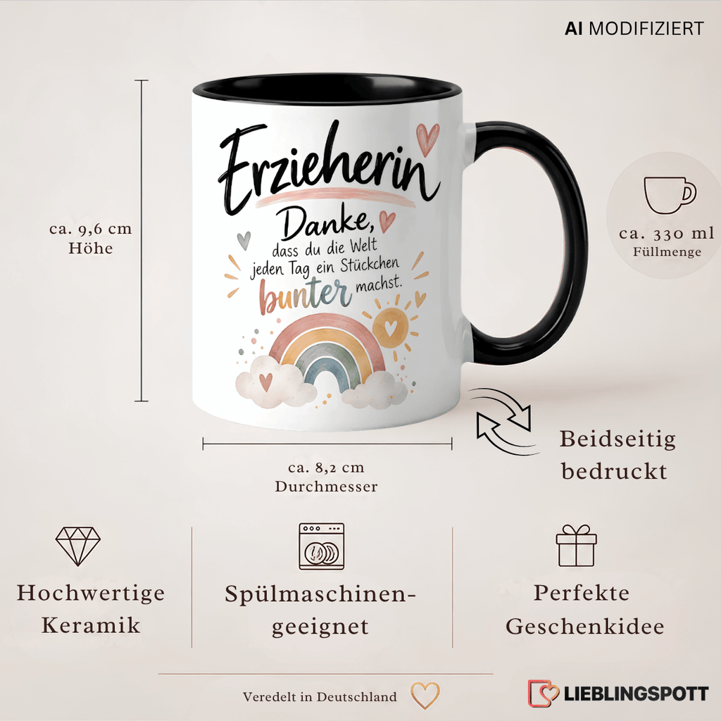 Erzieherin Danke Tasse Produktdetails – 330 ml, Keramik, beidseitig bedruckt