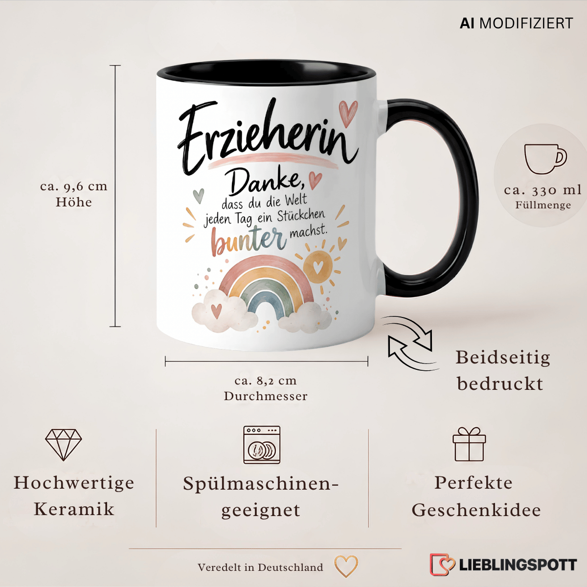 Erzieherin Danke Tasse Produktdetails – 330 ml, Keramik, beidseitig bedruckt