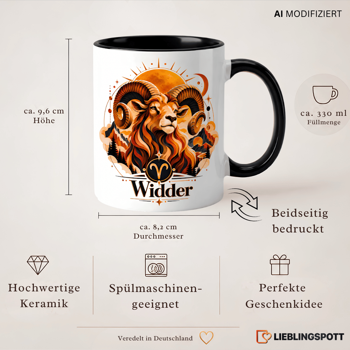 Widder Tasse Produktinfo – 330 ml, beidseitig bedruckt, spülmaschinengeeignet