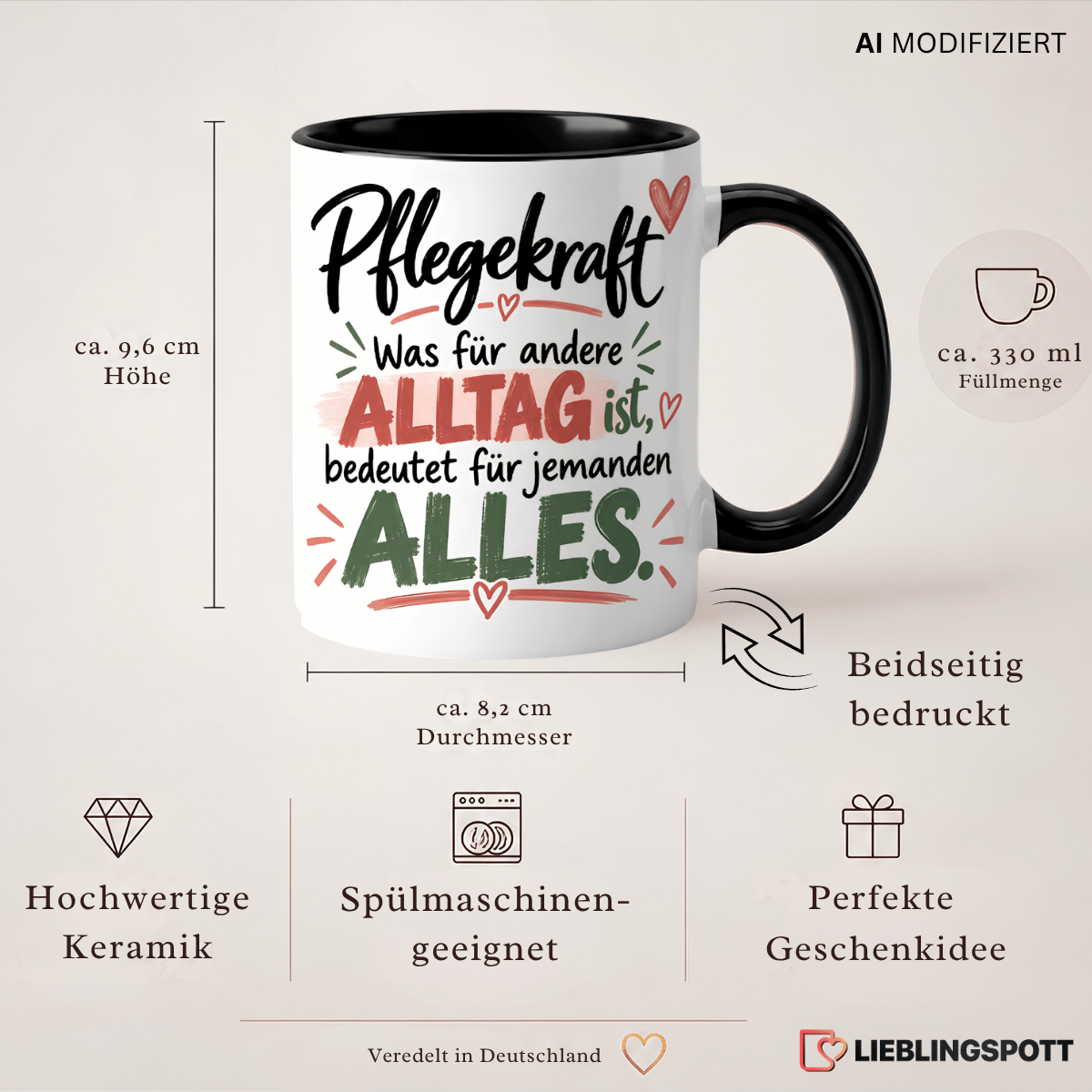Produktinformationen Pflegekraft Tasse – 330 ml, Maße und Eigenschaften