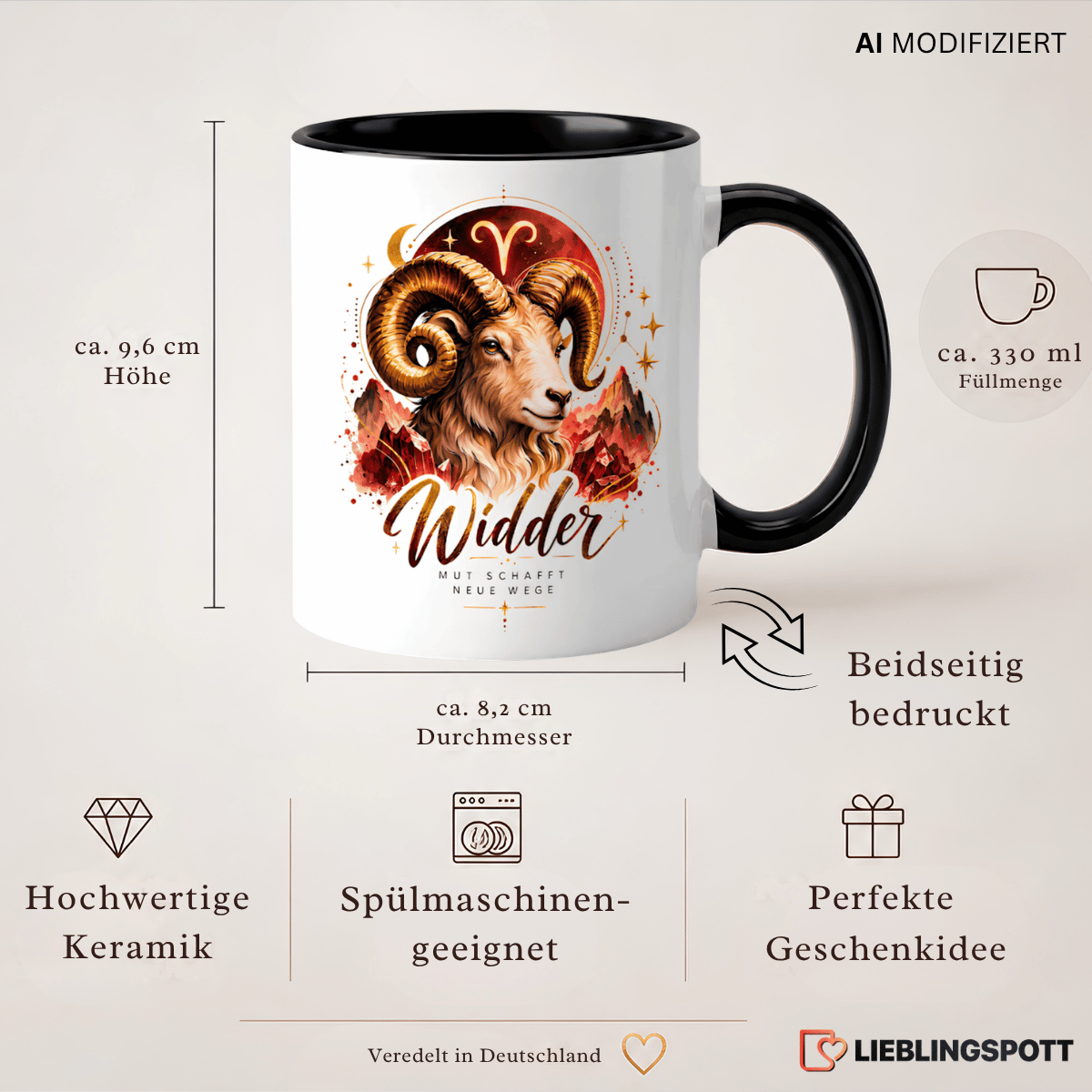Produktinformationen Widder Tasse – 330 ml, Keramik, beidseitig bedruckt