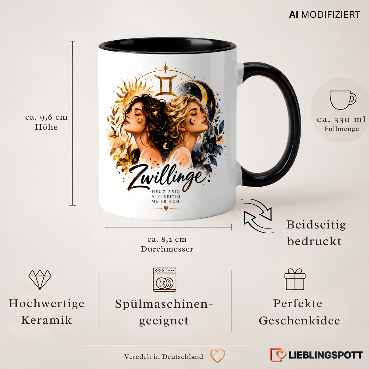 Produktinformationen Zwillinge Tasse – 330 ml Keramik beidseitig bedruckt