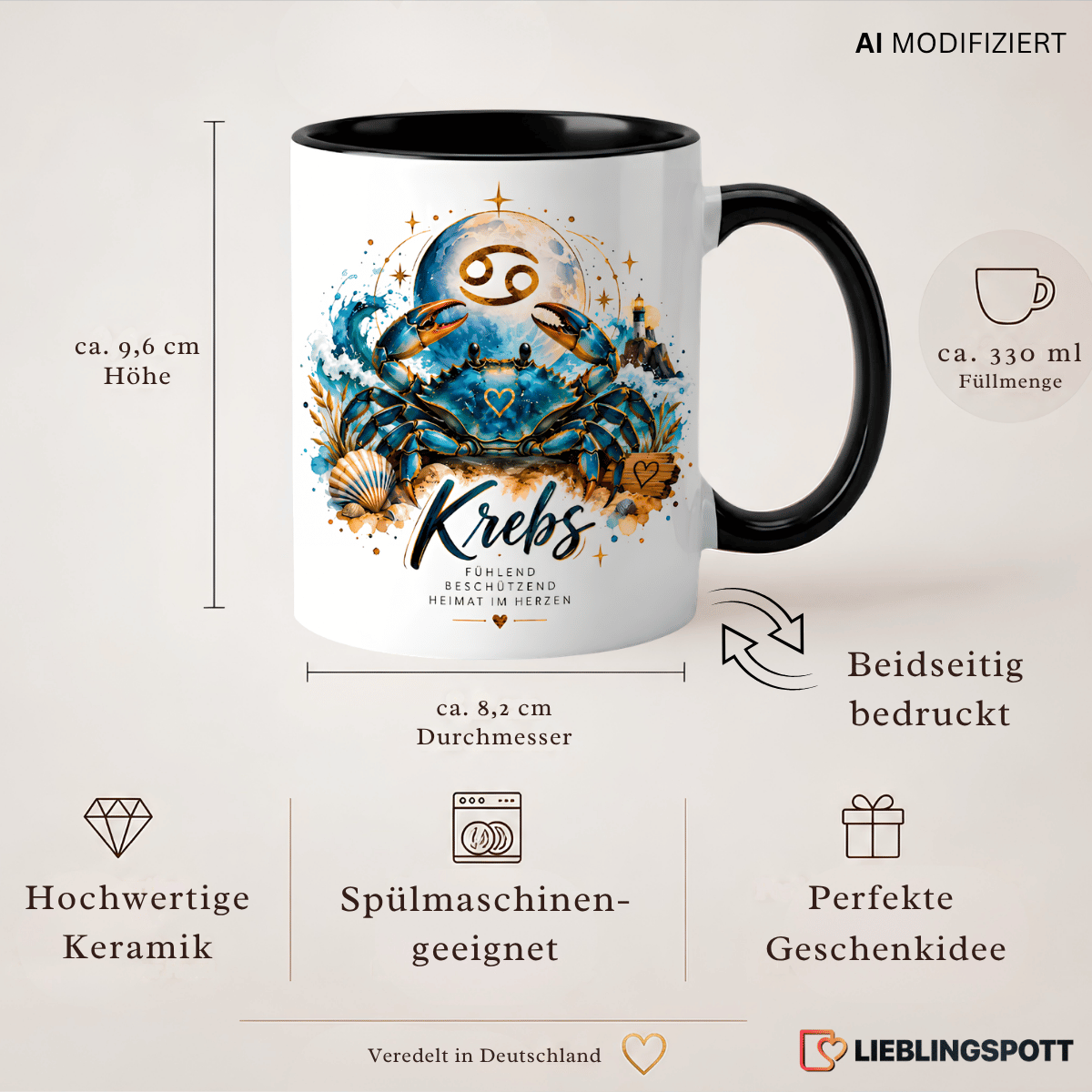Produktinformationen Krebs Sternzeichen Tasse – 330 ml Keramik beidseitig bedruckt