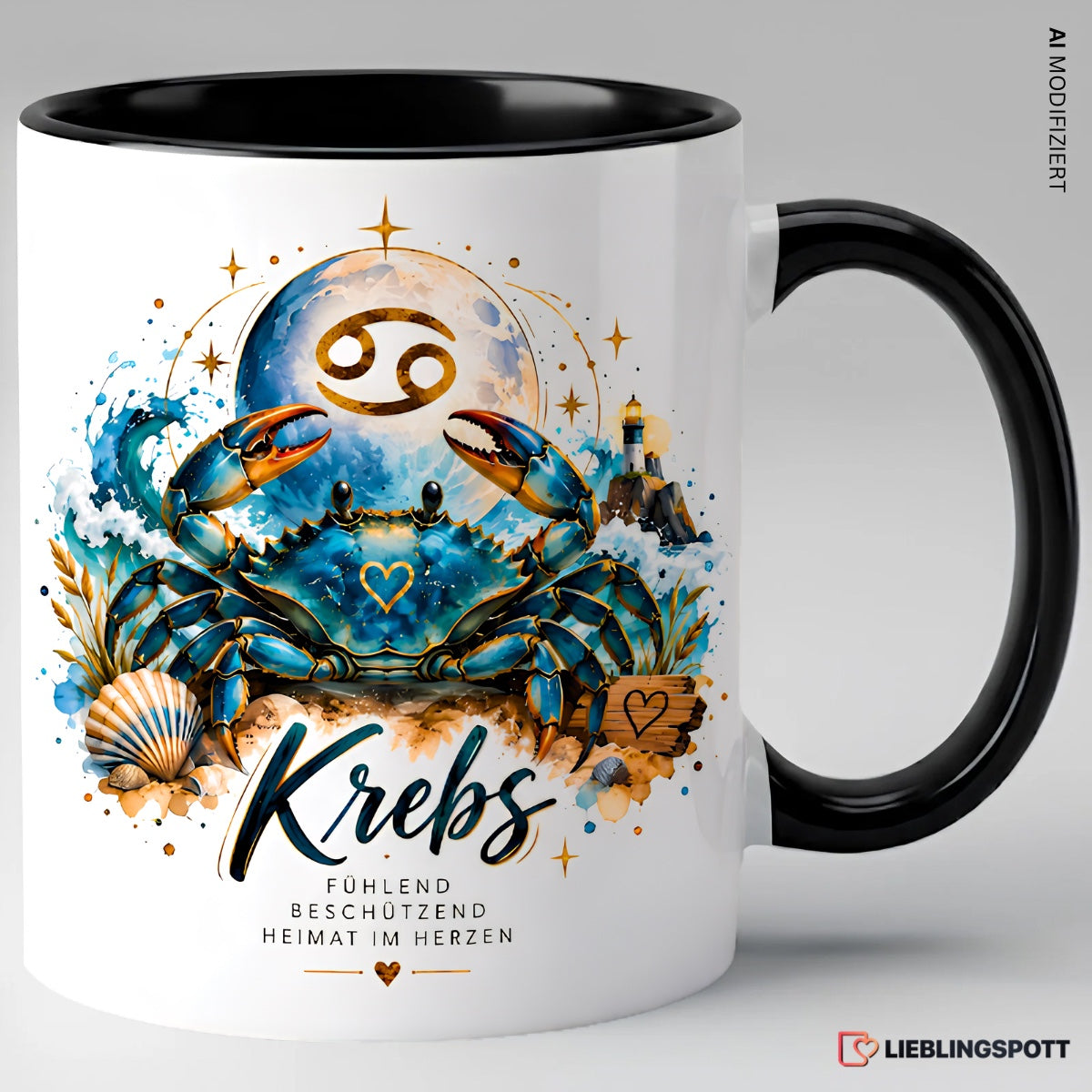 Krebs Sternzeichen Tasse Schwarz – fühlend beschützend Heimat im Herzen