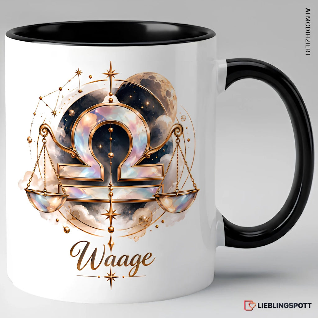 Waage Sternzeichen Tasse Schwarz mit opalisierendem Waage-Symbol