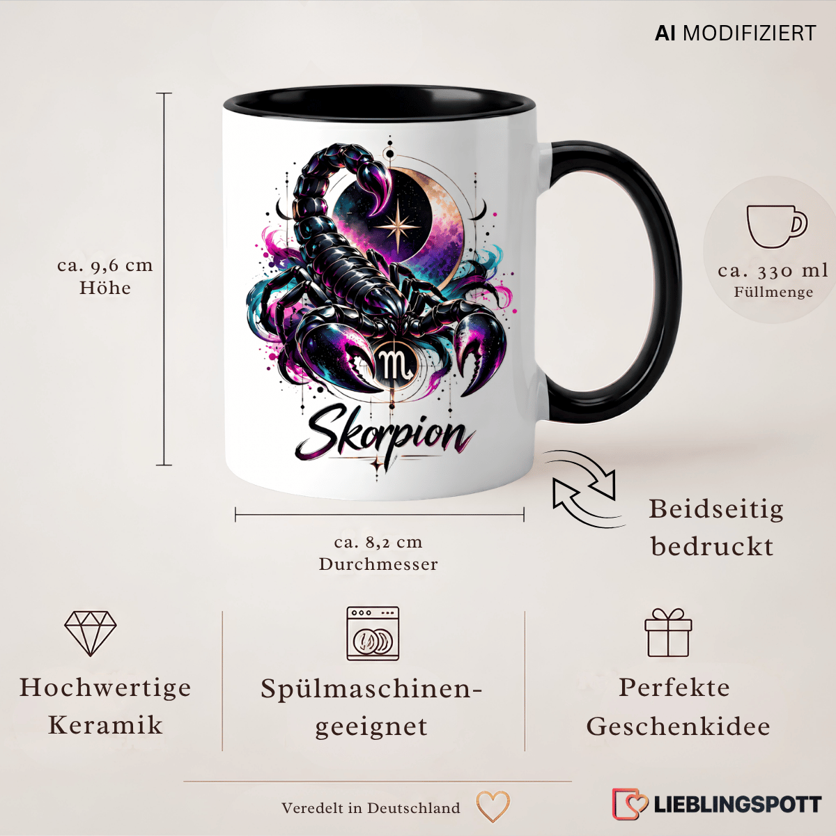 Skorpion Tasse Produktinfo – 330 ml, beidseitig bedruckt, spülmaschinengeeignet