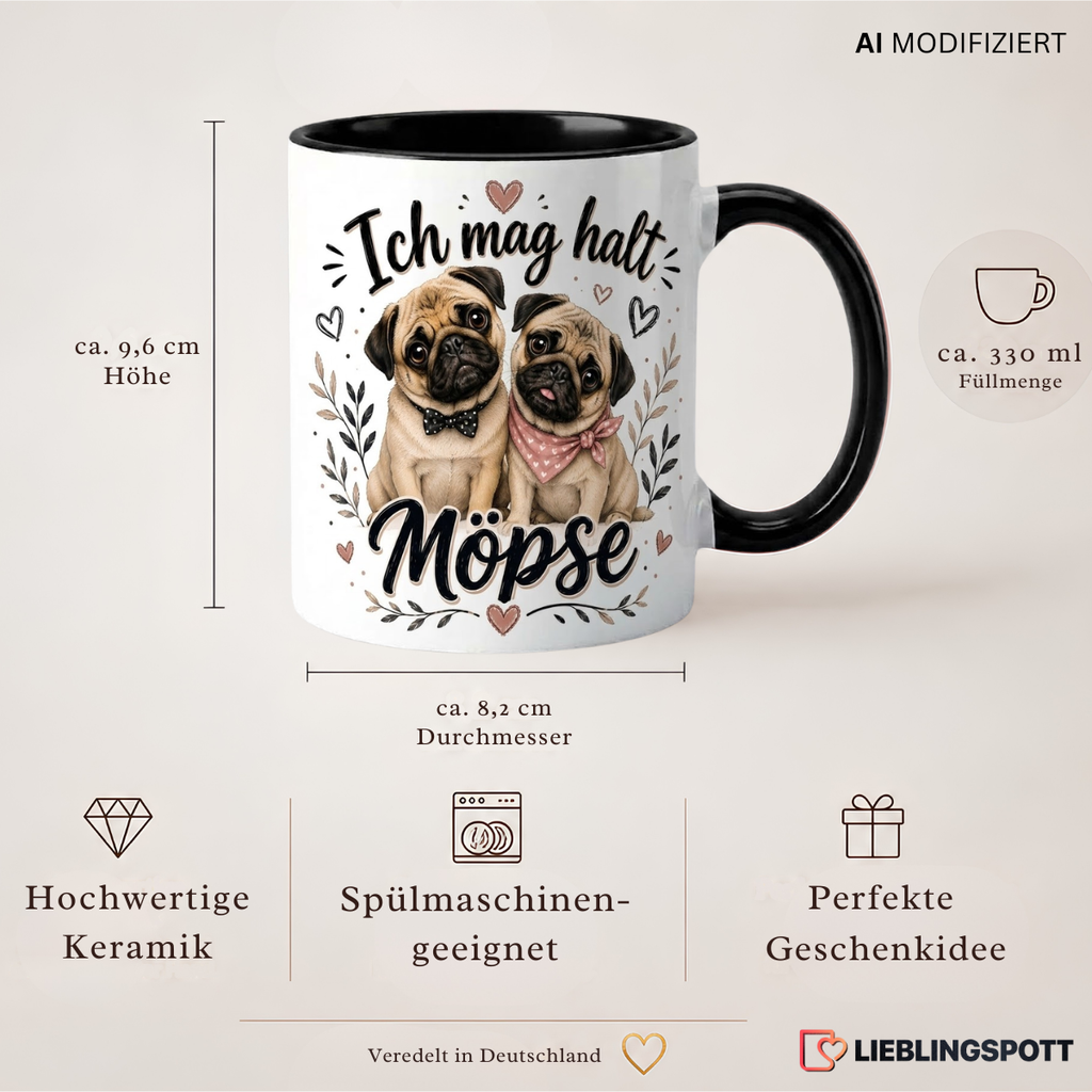 Möpse Tasse 330 ml Produktdetails mit Maßen und Eigenschaften