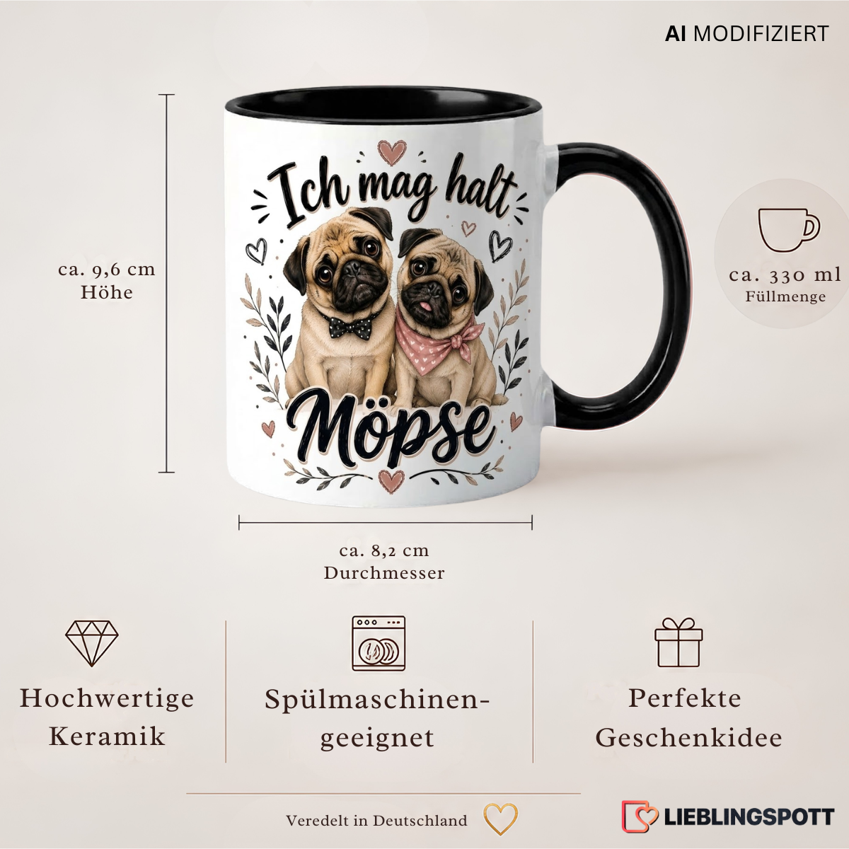 Möpse Tasse 330 ml Produktdetails mit Maßen und Eigenschaften