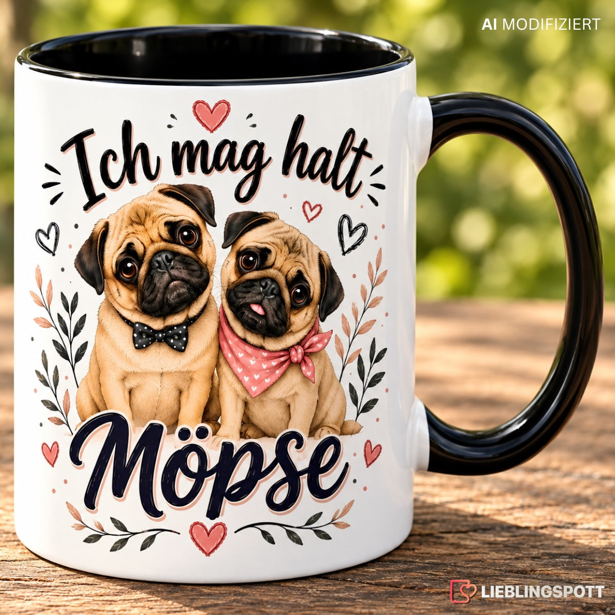 Möpse Tasse 330 ml Lifestyle-Aufnahme auf Holz