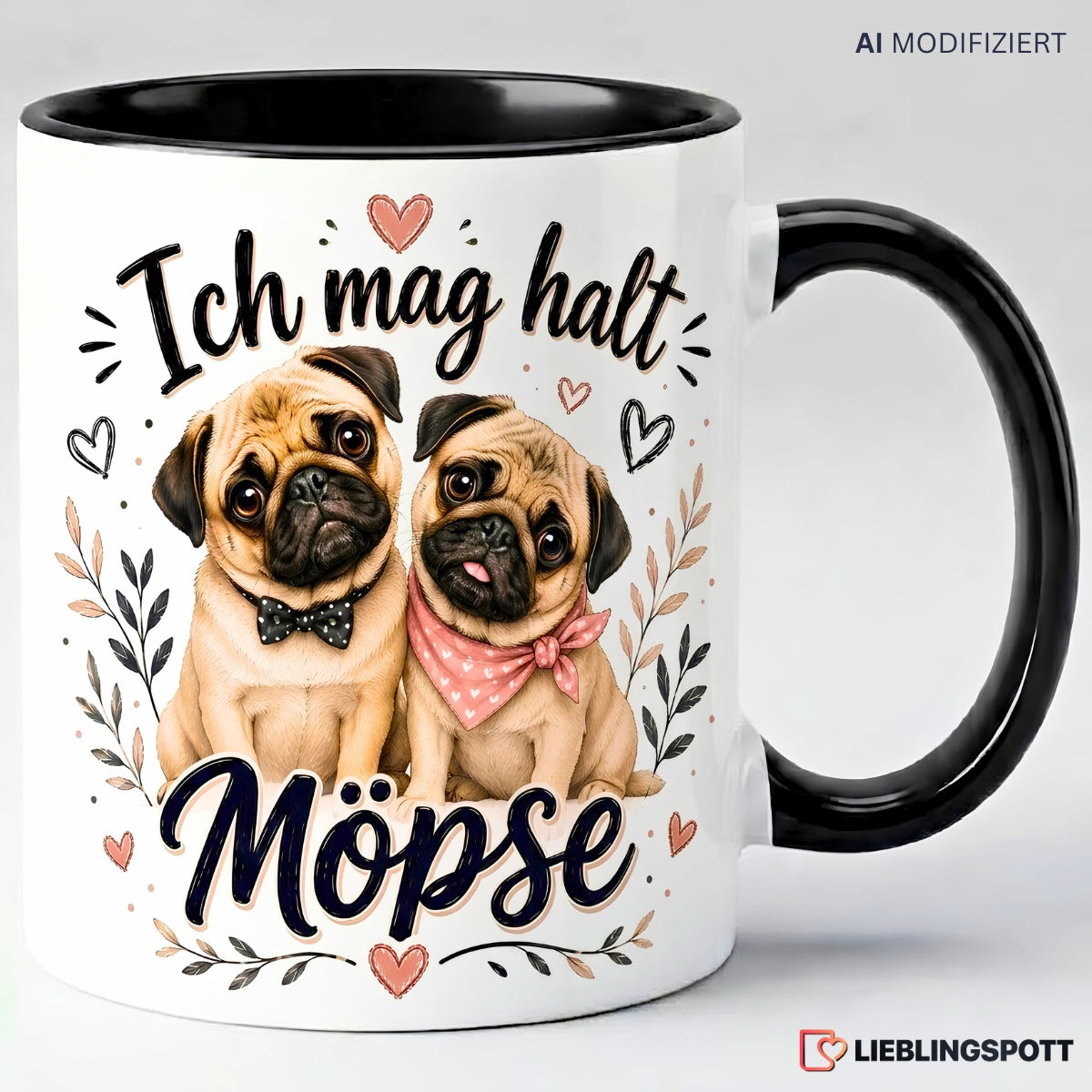 Möpse Tasse 330 ml in Schwarz mit Spruch Ich mag halt Möpse