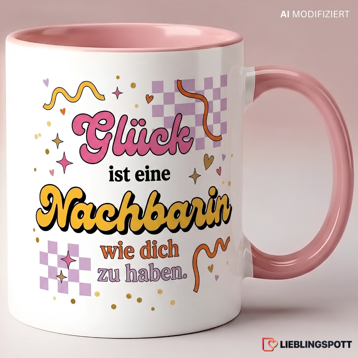 Nachbarin Tasse 330 ml in Rosa mit buntem Spruch