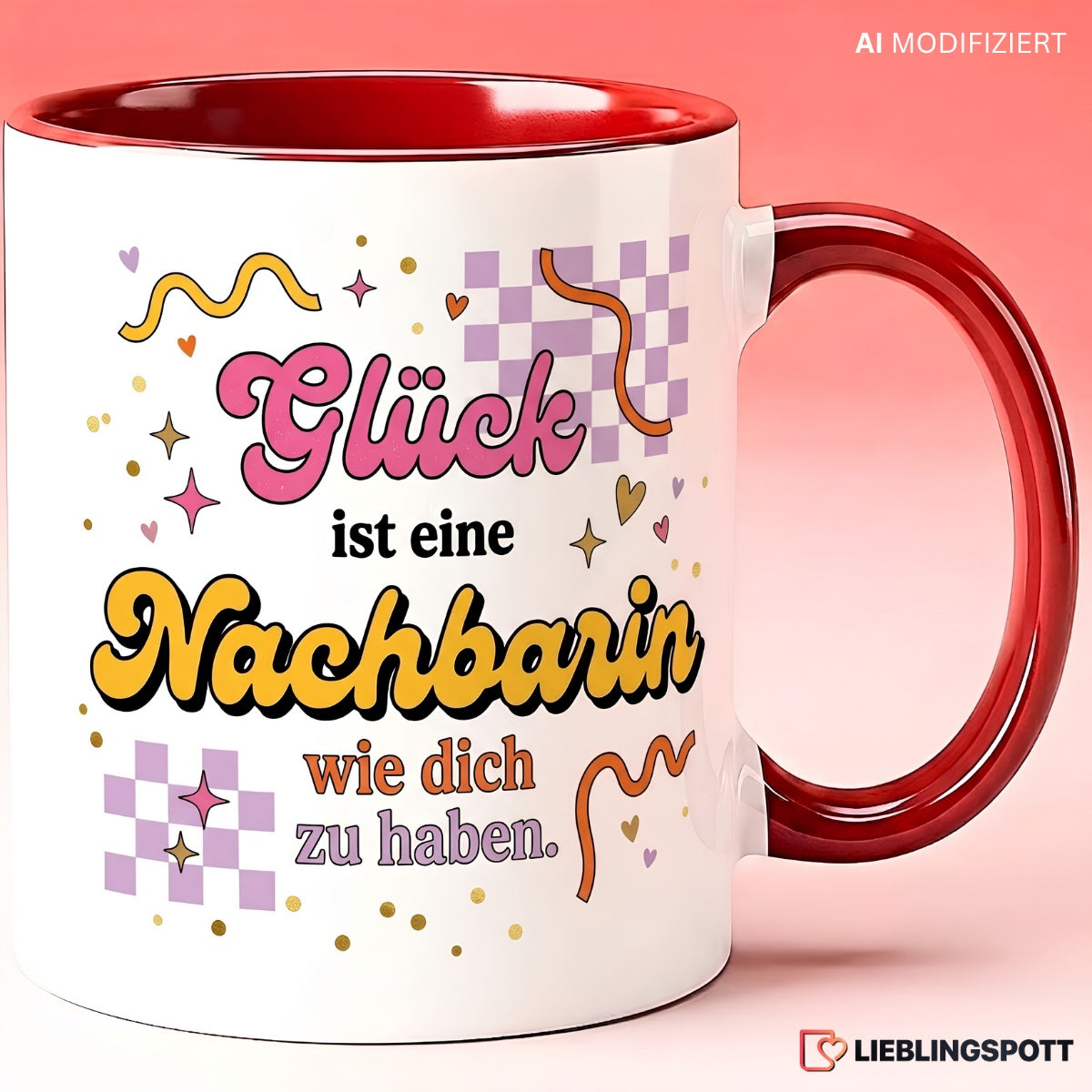 Nachbarin Tasse 330 ml in Rot mit buntem Spruch