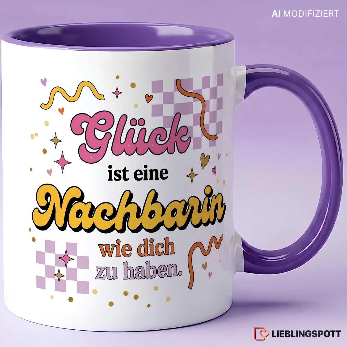 Nachbarin Tasse 330 ml in Violett mit buntem Spruch