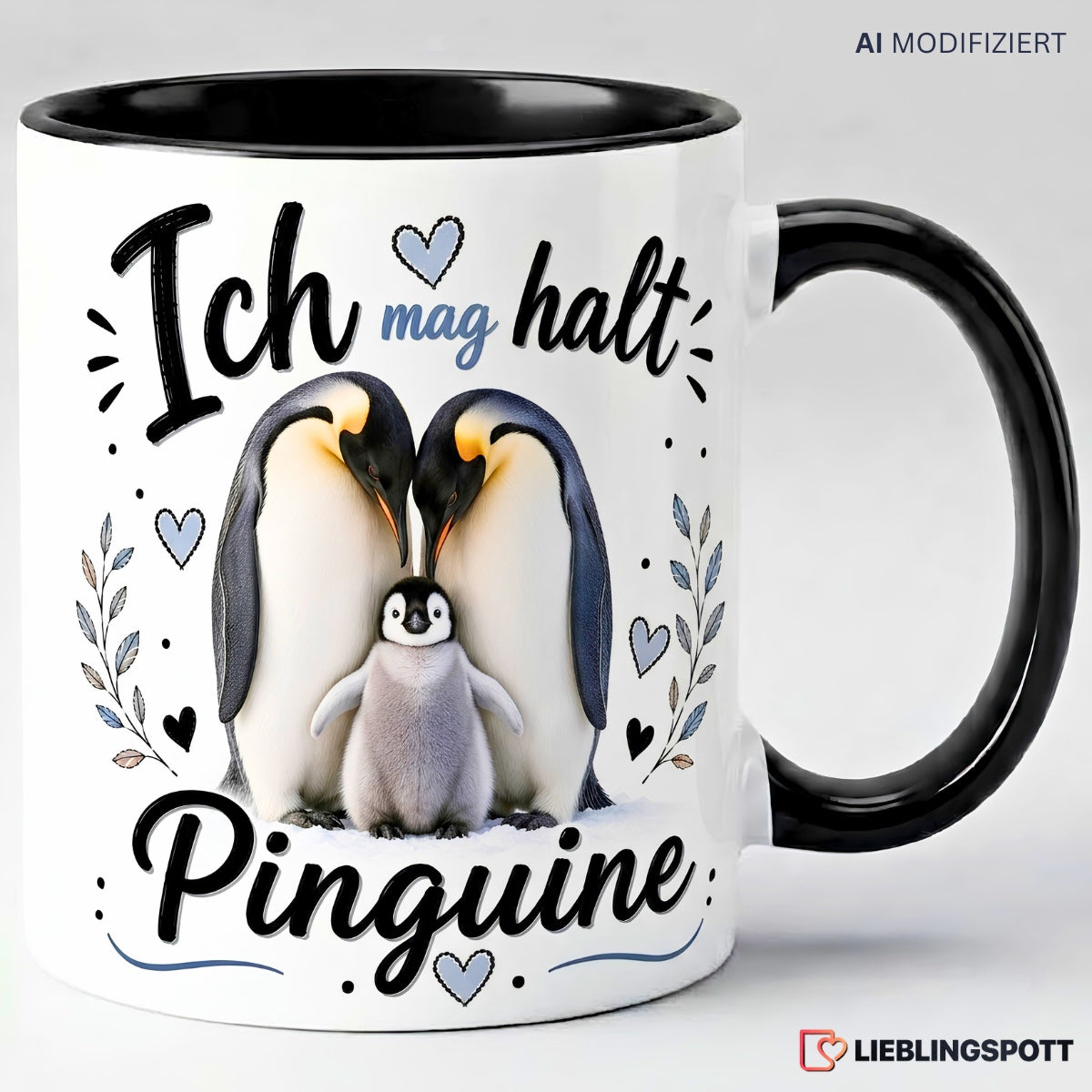 Schwarze Keramiktasse mit Pinguin-Motiv Ich mag halt Pinguine