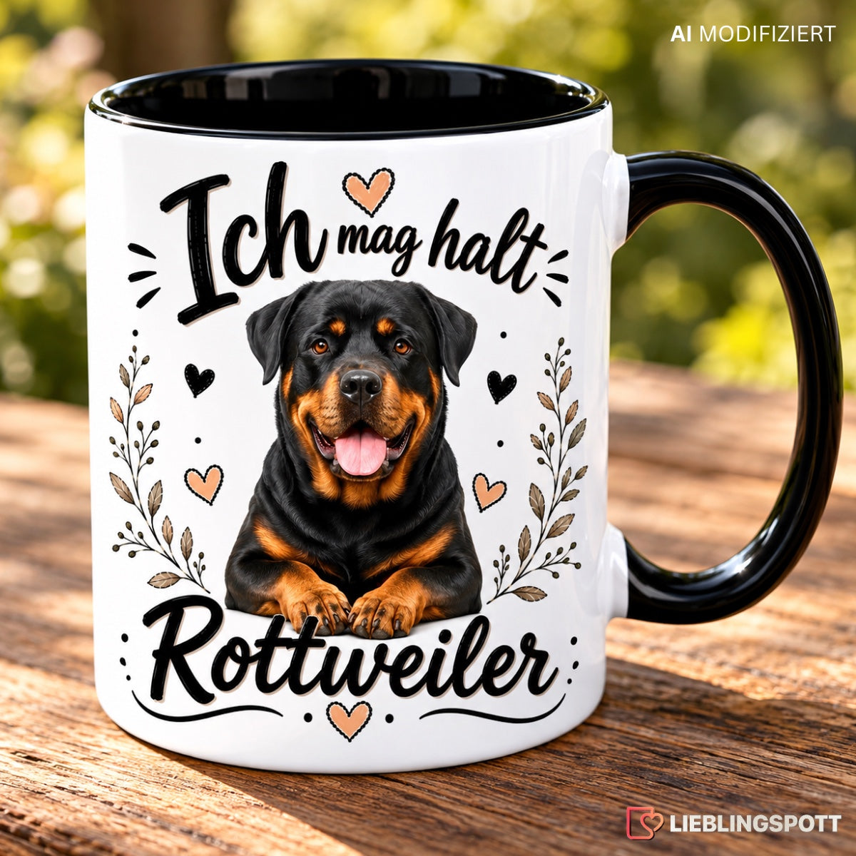 Rottweiler Tasse Lifestyle auf Holztisch